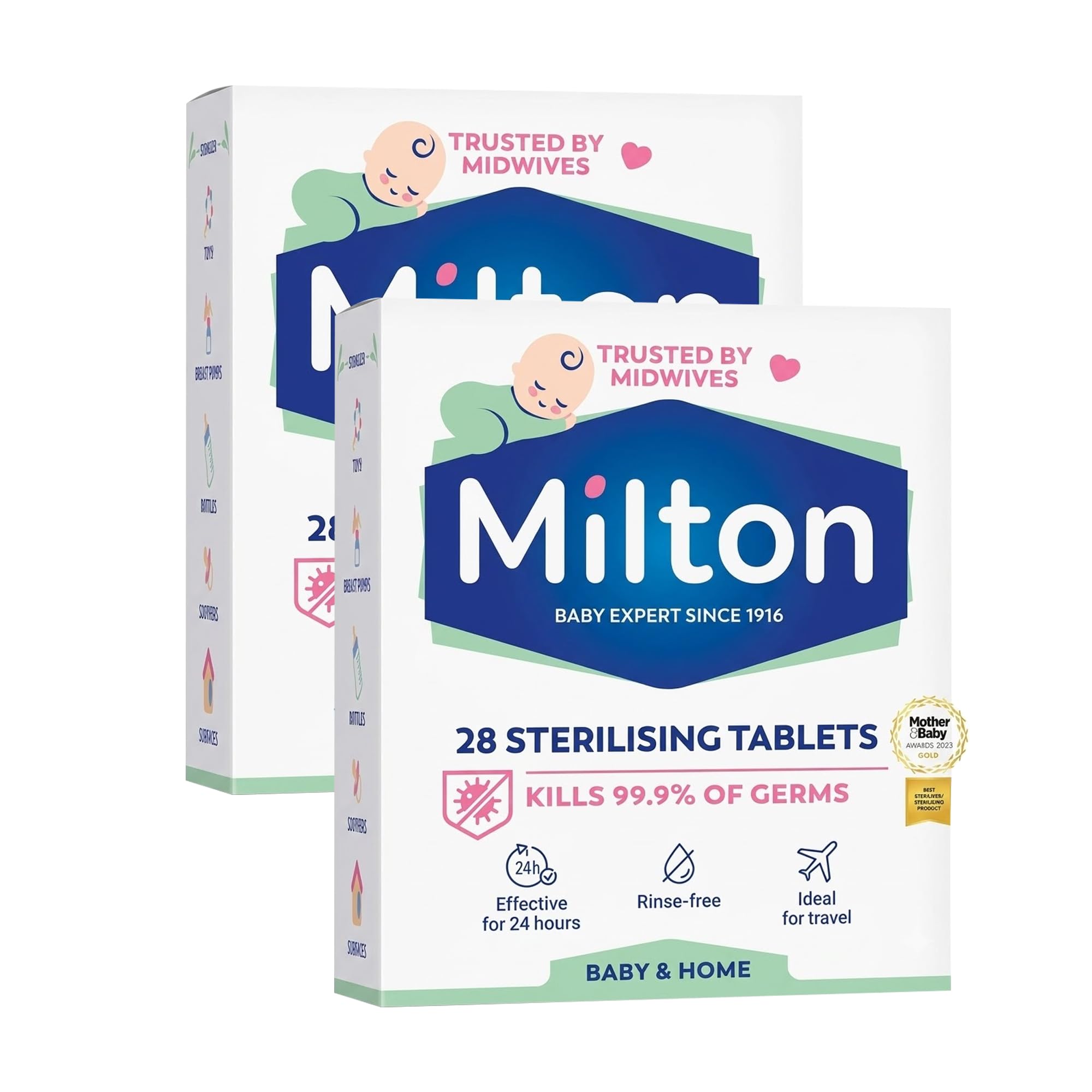 Milton Sterilising Tablets for Baby Bottles & Feeding Equipment 2 x 28 Tablets Cold Water Sterilisation Tablets for Bottles, Teats, Soothers, Breast Pump Parts & Baby Accessories – Rinse-Free Formula