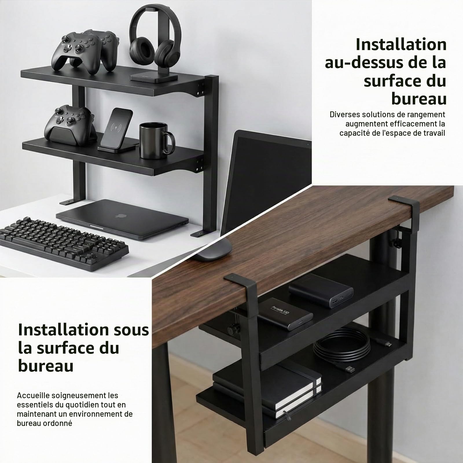Organisateur de Bureau à Pince de 16 Pouces, Étagère de Table à 2 Niveaux Au-Dessus ou en Dessous pour Les Accessoires de Bureau, etc, Etagere Cuisine, Noir