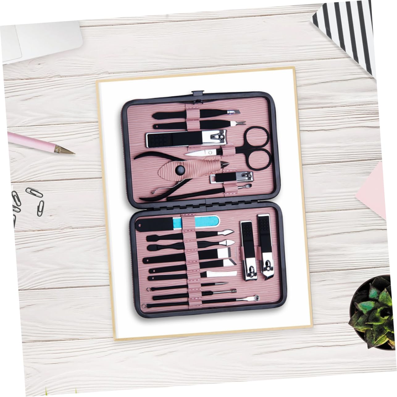 Set de Manicura de Uñas 18 Piezas de Acero Inoxidable Rosa | Portátil Alta Resistencia, para Pedicura y Grooming, Incluye Cortaúñas y Lima