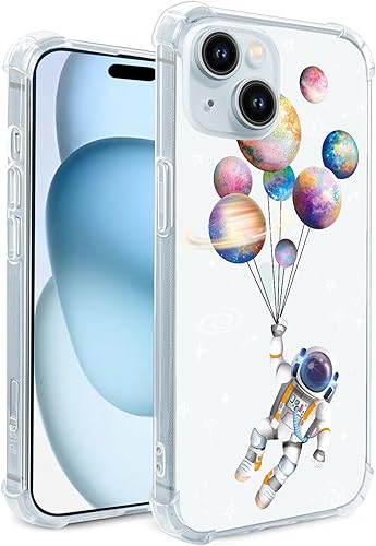 Hi Space Compatible con iPhone 15 Plus, funda de astronauta, planeta, estrella espacial, luna con purpurina, transparente, constelación para