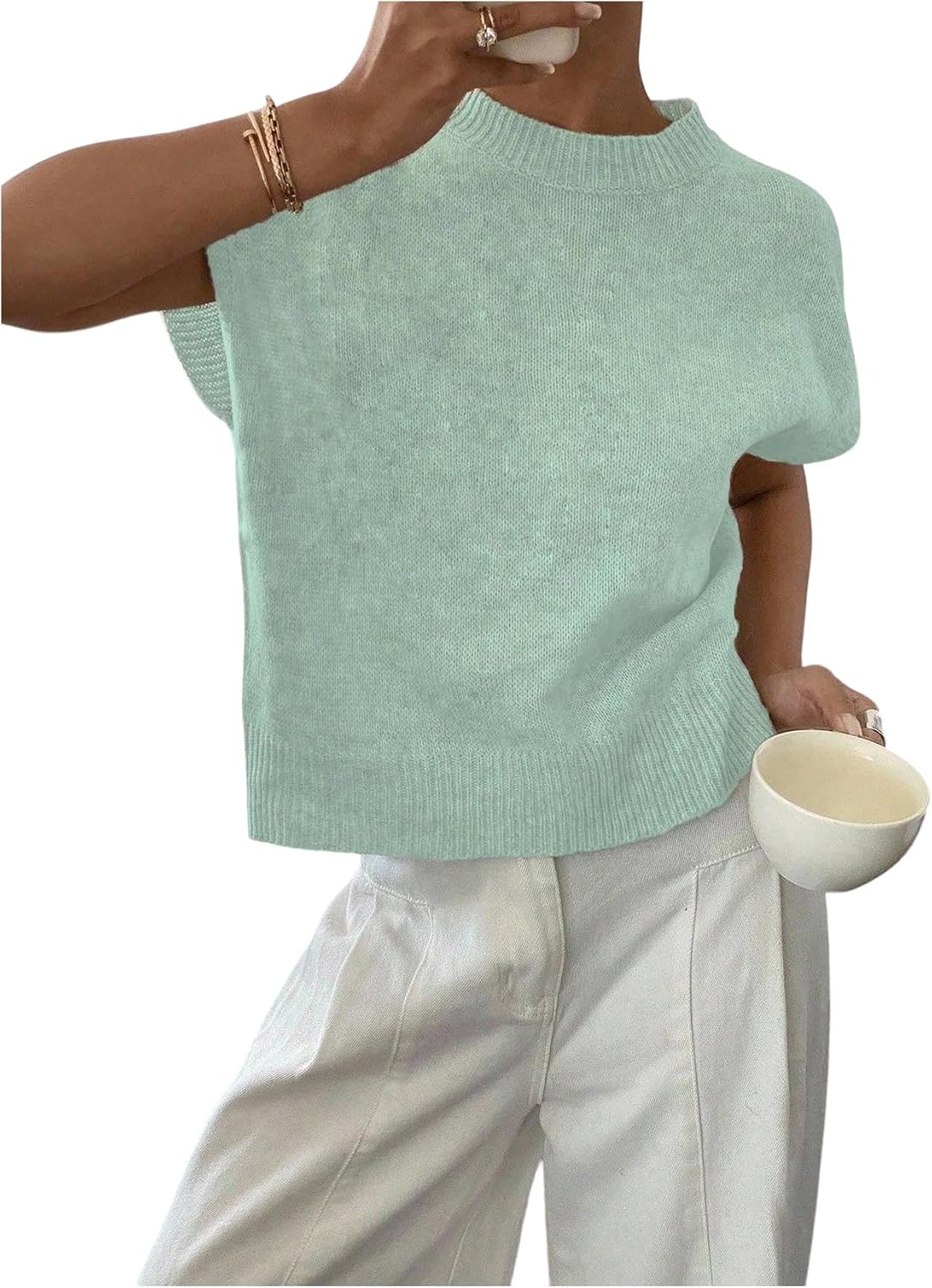 SOLY HUX Women's Short Sleeve Sweater 3D Floral Sweaters Pullover Tank Tops Knit Vest Trendy Fashion Clothing Plain Mint Green Small