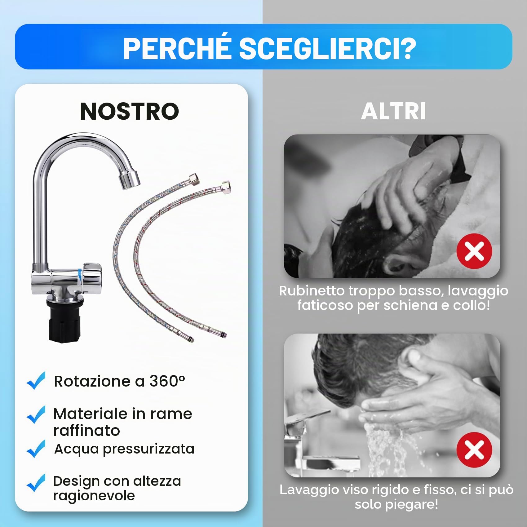 Rubinetto pieghevole per, universale, girevole a 360°, miscelatore acqua calda e fredda, 1/2"