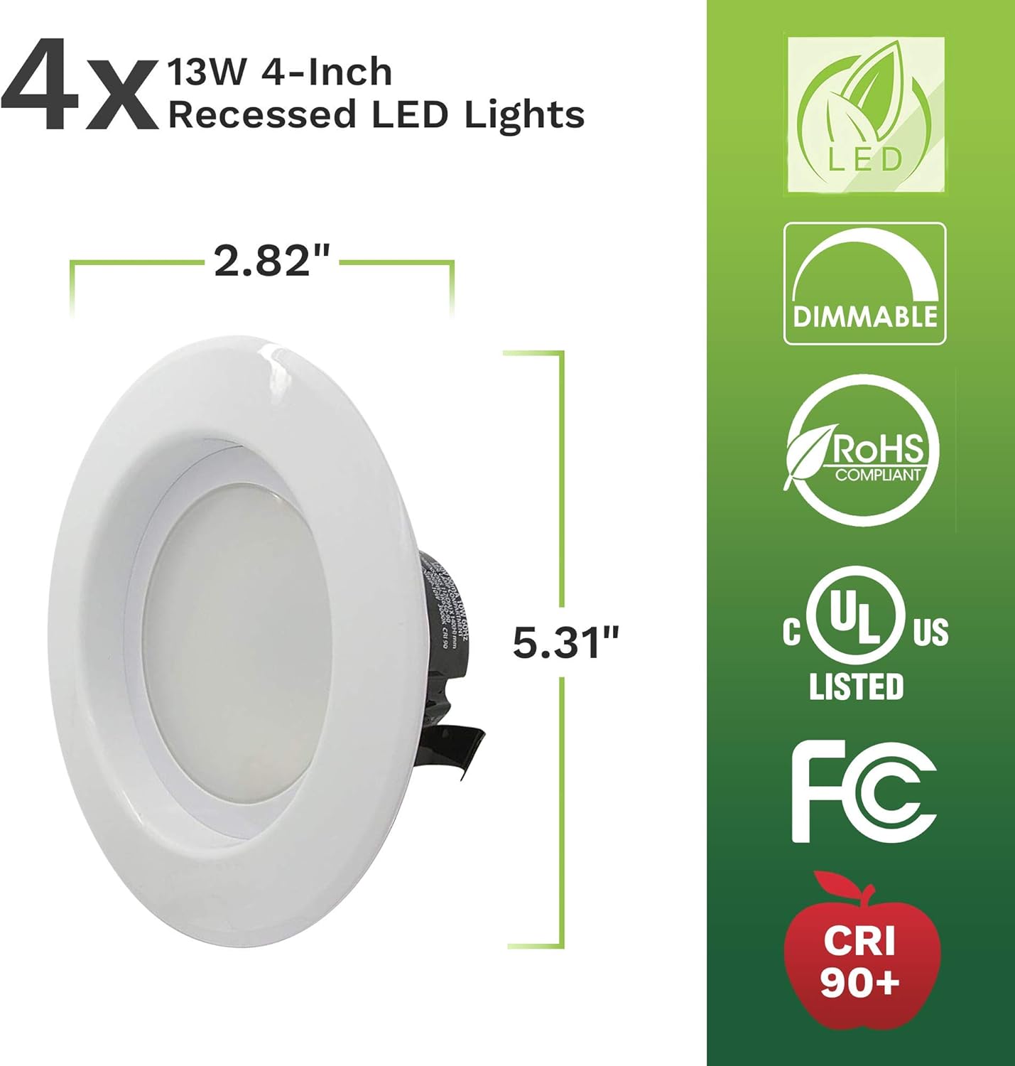 Bioluz LED 4-inch Ceiling Light Fixture, 4-Pack – 13W, 90 CRI Dimmable Retrofit Recessed Lighting, 2700K Warm White, 910 Lumens, UL-Listed, JA8 CEC LED Light Fixture for Ceiling Lights