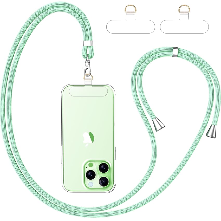 caslord Cordino per Cellulare*1, Trasparente Patch Universali*2, Adatto a Tutti Gli Smartphone, Cinturino per Cellulare Abbinabile a Qualsiasi Custodia, Regolabile e Rimovibile - Verde menta