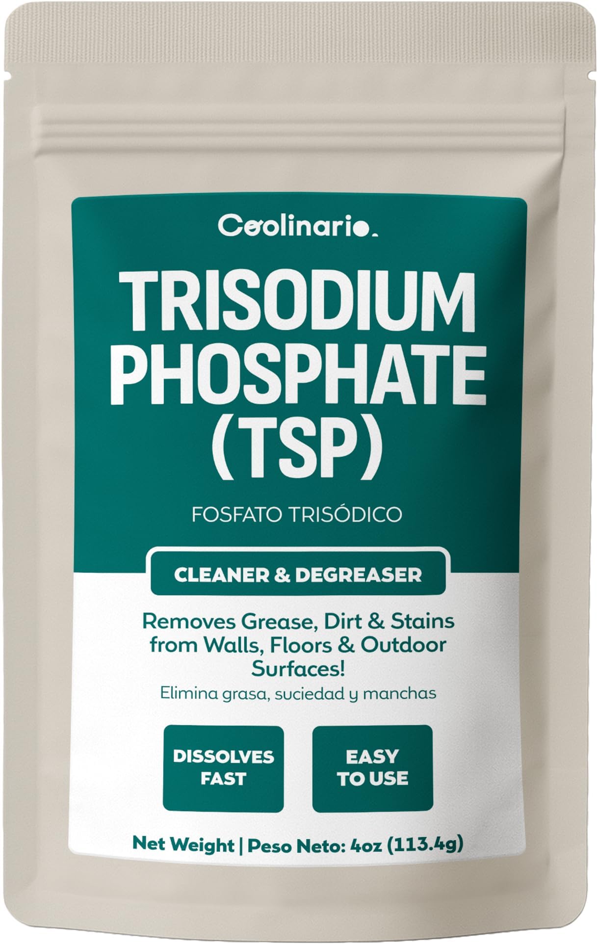 Coolinario Trisodium Phosphate - TSP Cleaner (4 Oz) Heavy-Duty Cleaner & Degreaser for Walls, Floors & Outdoor Surfaces | Removes Grease, Dirt & Stains | Ideal for Home & Industrial Use