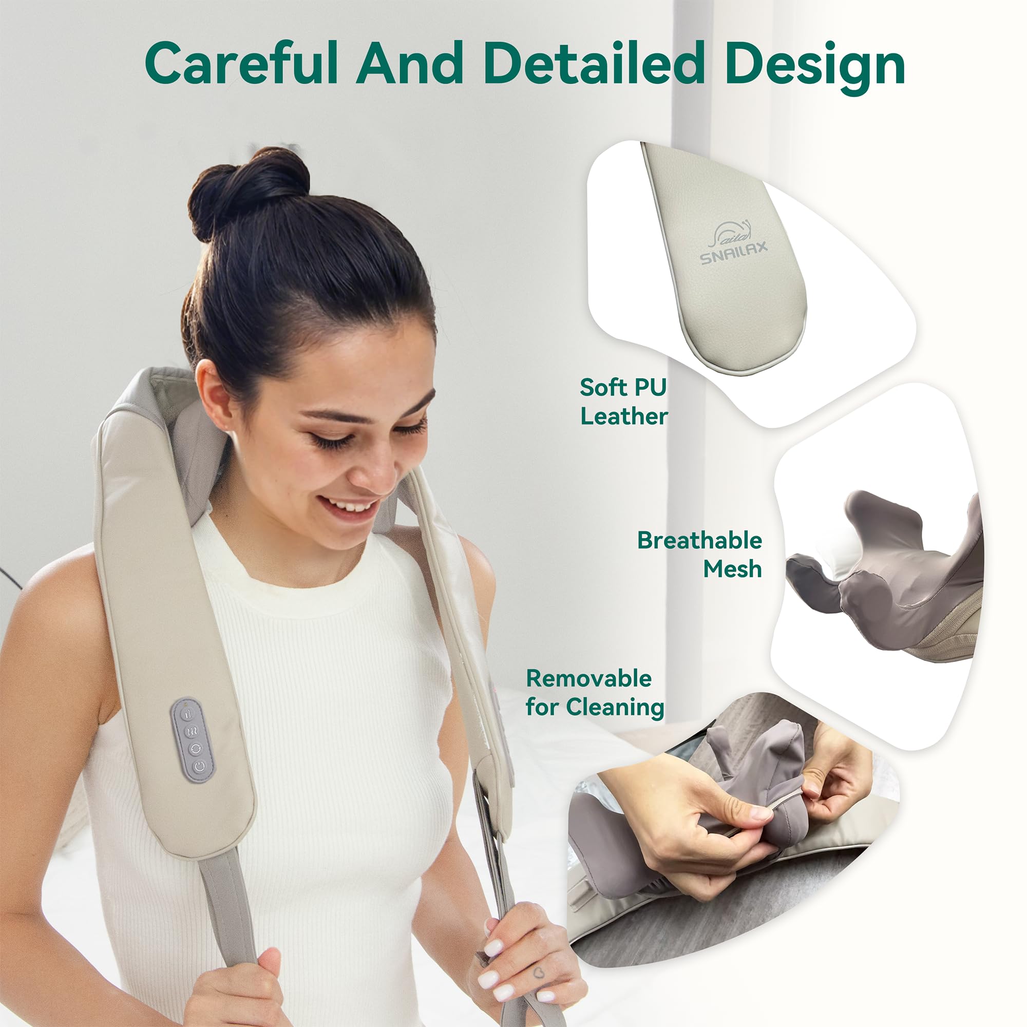 Snailax Masseur de nuque amélioré sans fil avec chaleur, masseur de nuque shiatsu 4D avec massage par pétrissage, masseur électrique pour nuque épaule dos jambe, cadeaux, Beige