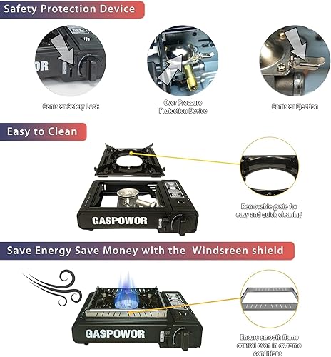 Miniatura 5 de Estufa de camping al aire libre, cocina de gas portátil para RV, portón trasero, picnic, quemador plegable para mochileros con control de llama para