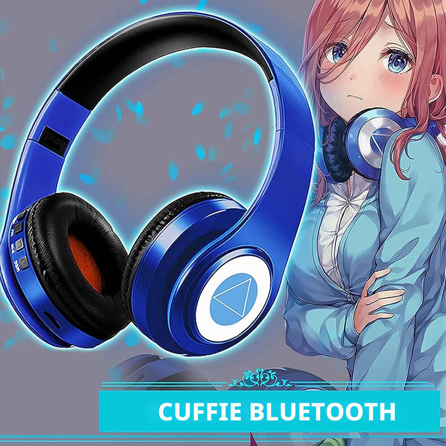 Nakano Miku Cuffie Bluetooth Quintuplets Quintessential con microfono integrato, auricolari wireless pieghevoli sopra l'orecchio, stereo Hi-Fi per Cosplay, blu