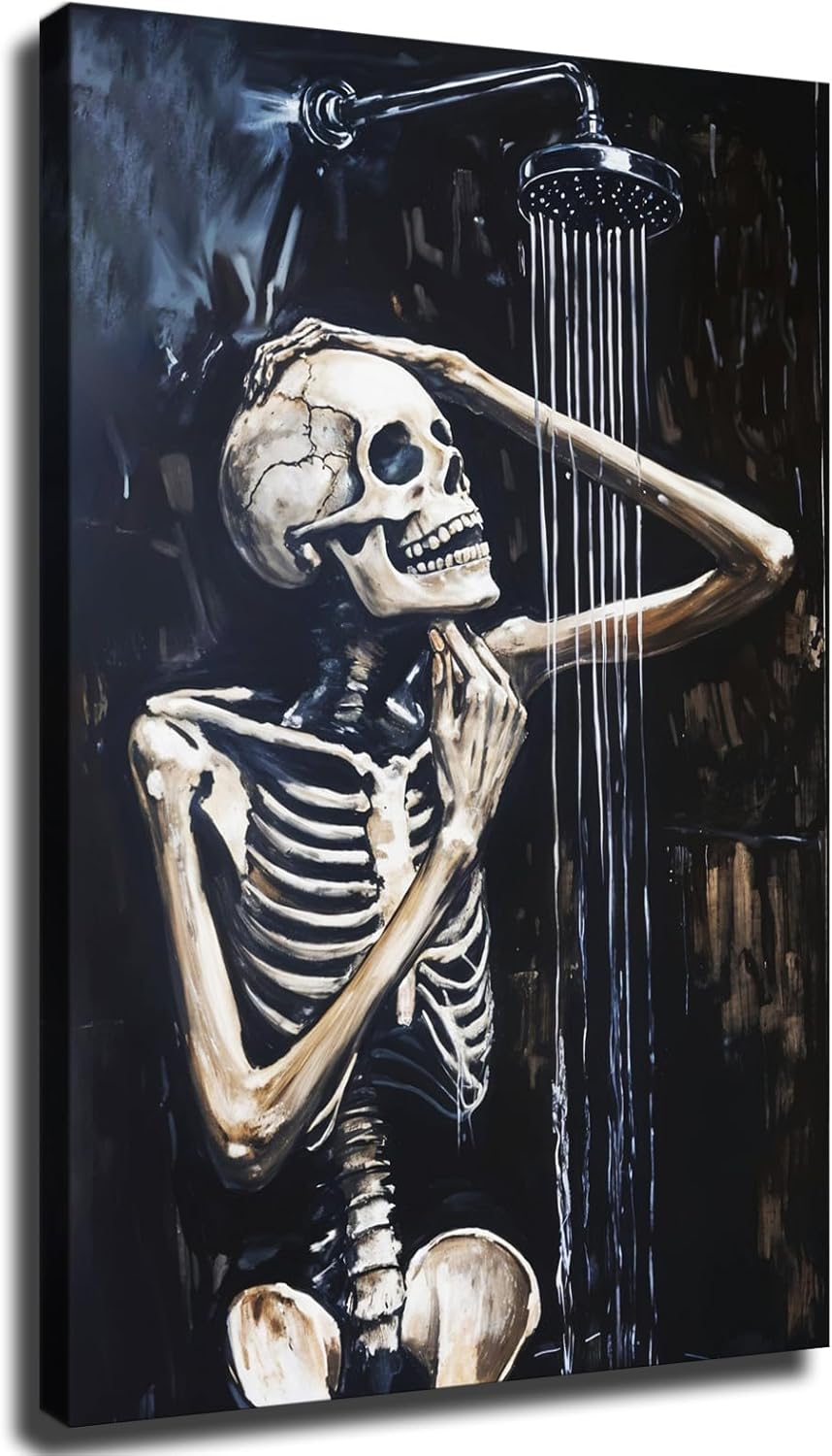 Bathroom Wall Art Gothic Skull Bath Poster Framed Wall Art Canvas Art Prints Living Room Bedroom Decor Paintings (20x30inch-Framed)