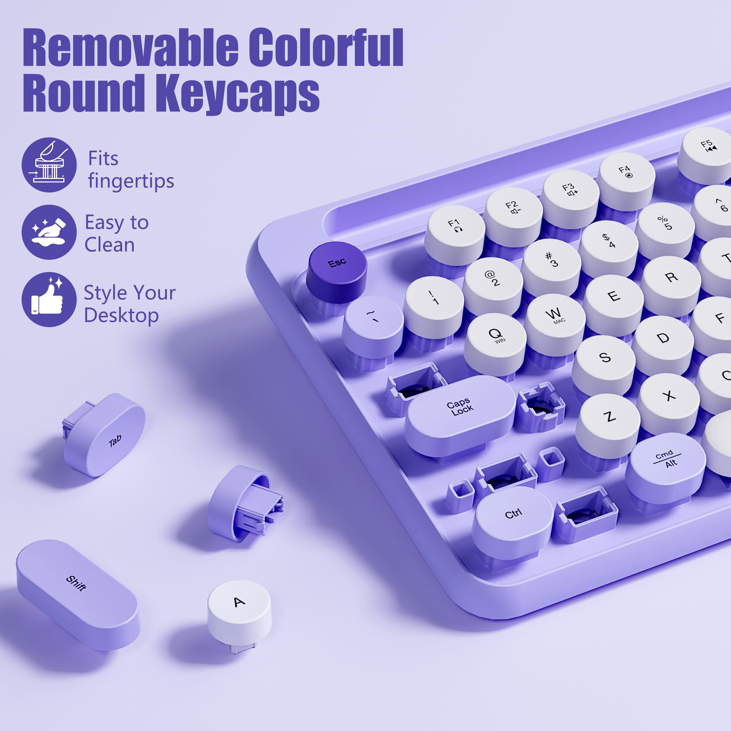 Hamile Ensemble clavier et souris sans fil – Repose-poignet amovible, support de téléphone/tablette, clavier rétro de style machine à écrire, touches rondes colorées, sans fil 2,4 GHz pour Windows/Mac