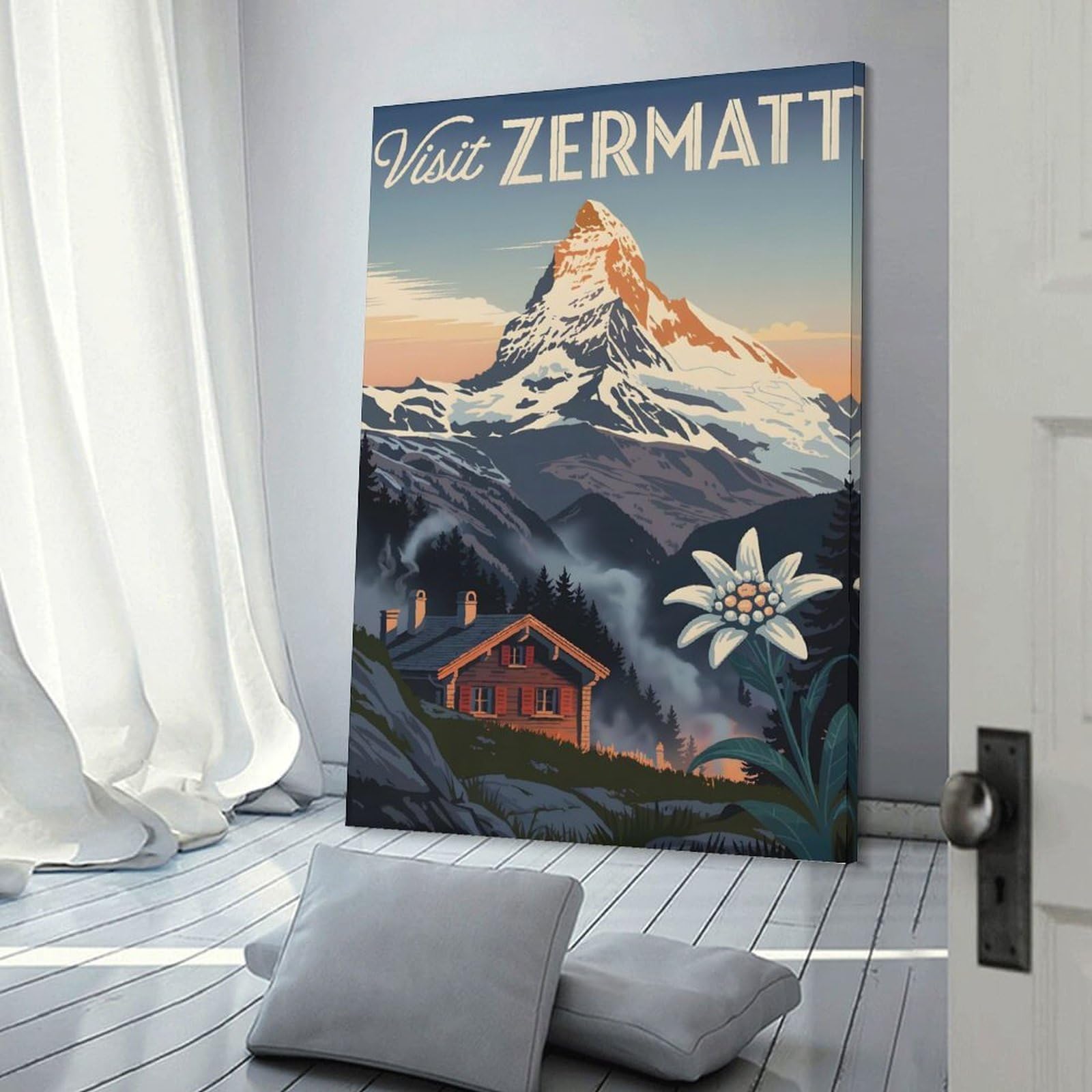 Junmoney Frame-Style-14-1 Canvas Wall Art Visit Zermatt Travel, 20X30inch(50X75cm), For Bedroom, Guest Room Or Reading Nook, Canvas Wall Decor For Personal Spaces