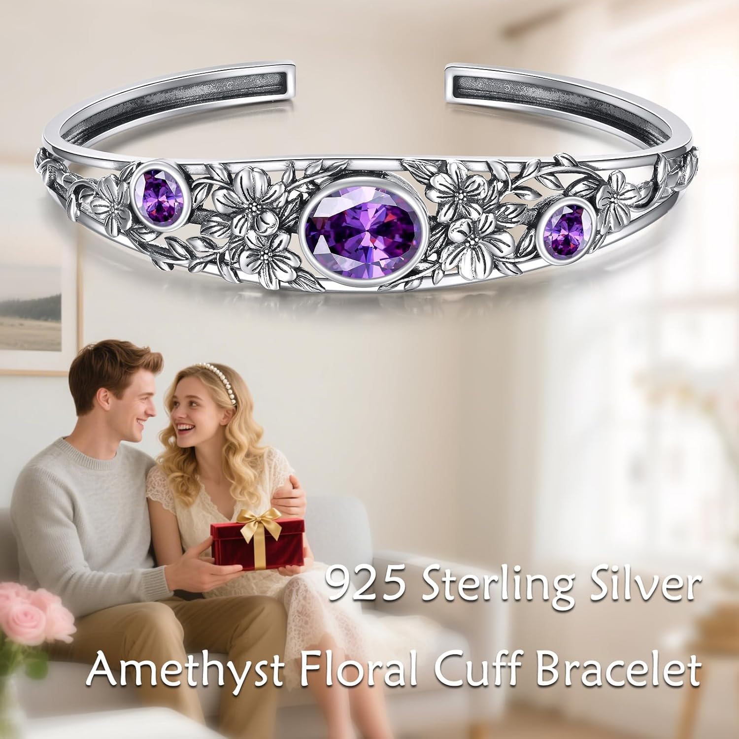 Amethyst Floral Cuff Bracelet Sterling Silver Adjustable Bohemian Bangle, February Birthstone Gift for Her Purple Crystal Healing Jewelry