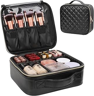 Relavel Makeup Bag, Travel Cosmetic Train Case Organizer Portable Artist Storage Bag with Adjustable Dividers for Cosmetics Makeup Brushes Toiletry Jewelry Digital Accessories Quilted Leather Black