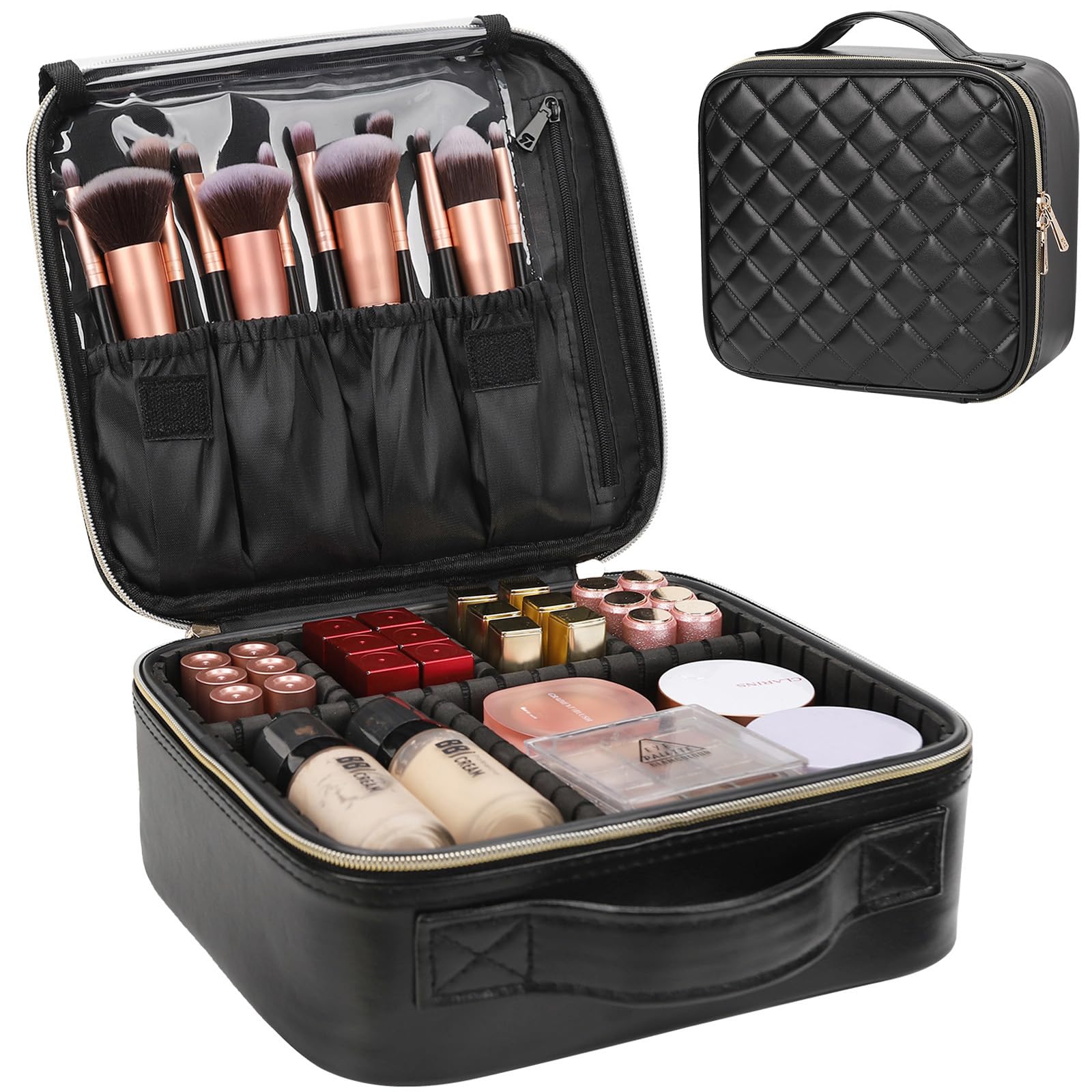 Relavel Makeup Bag, Travel Cosmetic Train Case Organizer Portable Artist Storage Bag with Adjustable Dividers for Cosmetics Makeup Brushes Toiletry Jewelry Digital Accessories Quilted Leather Black