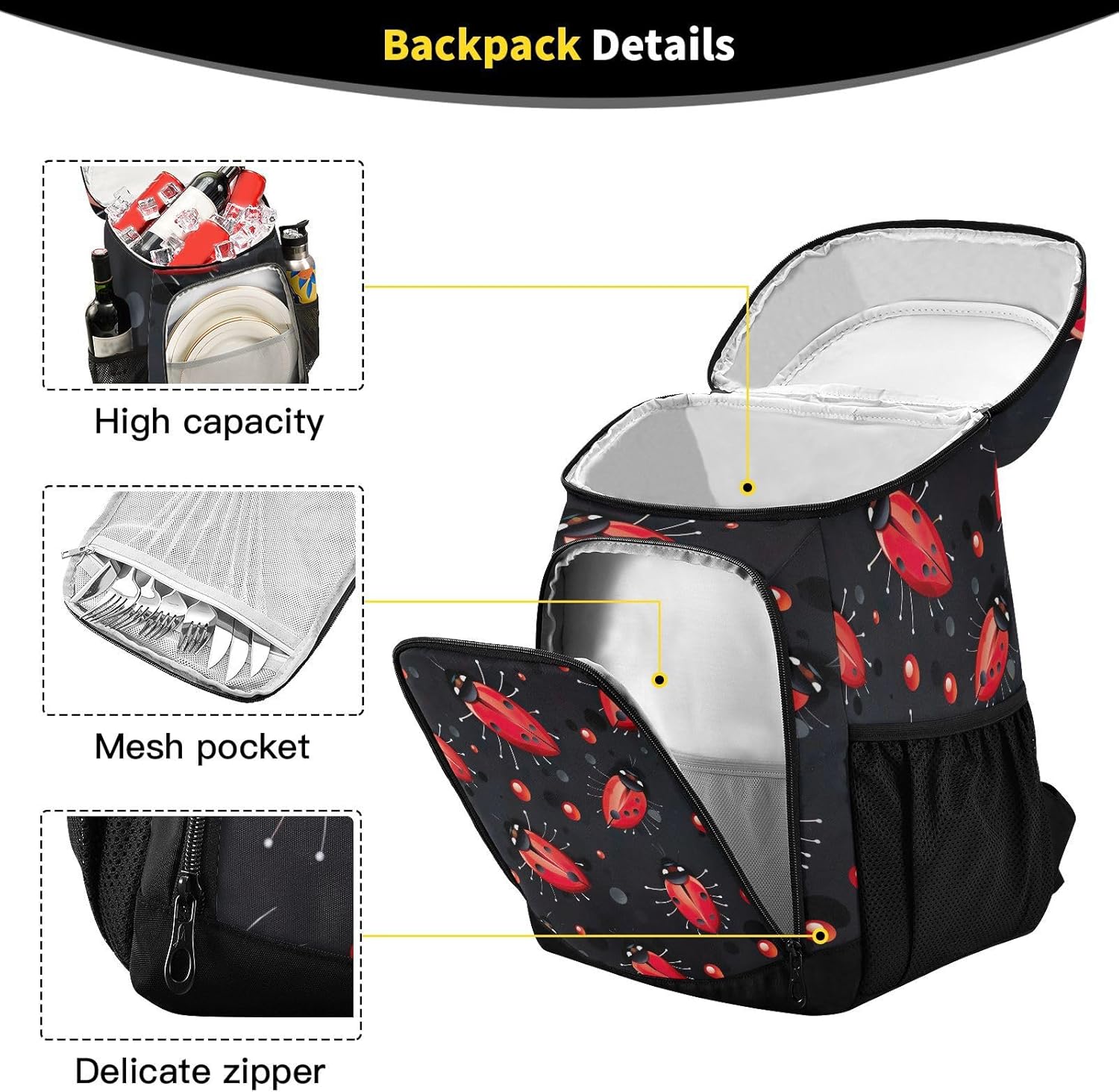 Red Ladybirds Cooler Backpack 36 Cans Leakproof Waterproof Backpack Cooler Bag Beach Accessories Travel Camping Fishing Backpack for Women Men