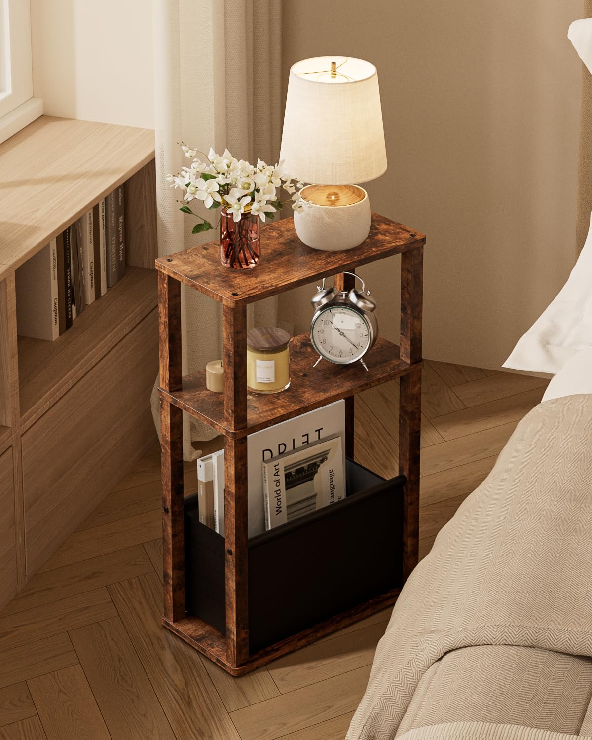 Table d'appoint étroite avec espace de rangement, table d'appoint étroite avec poche, table de chevet étroite à 3 niveaux, petite table basse pour petits espaces, chambre à coucher, salon