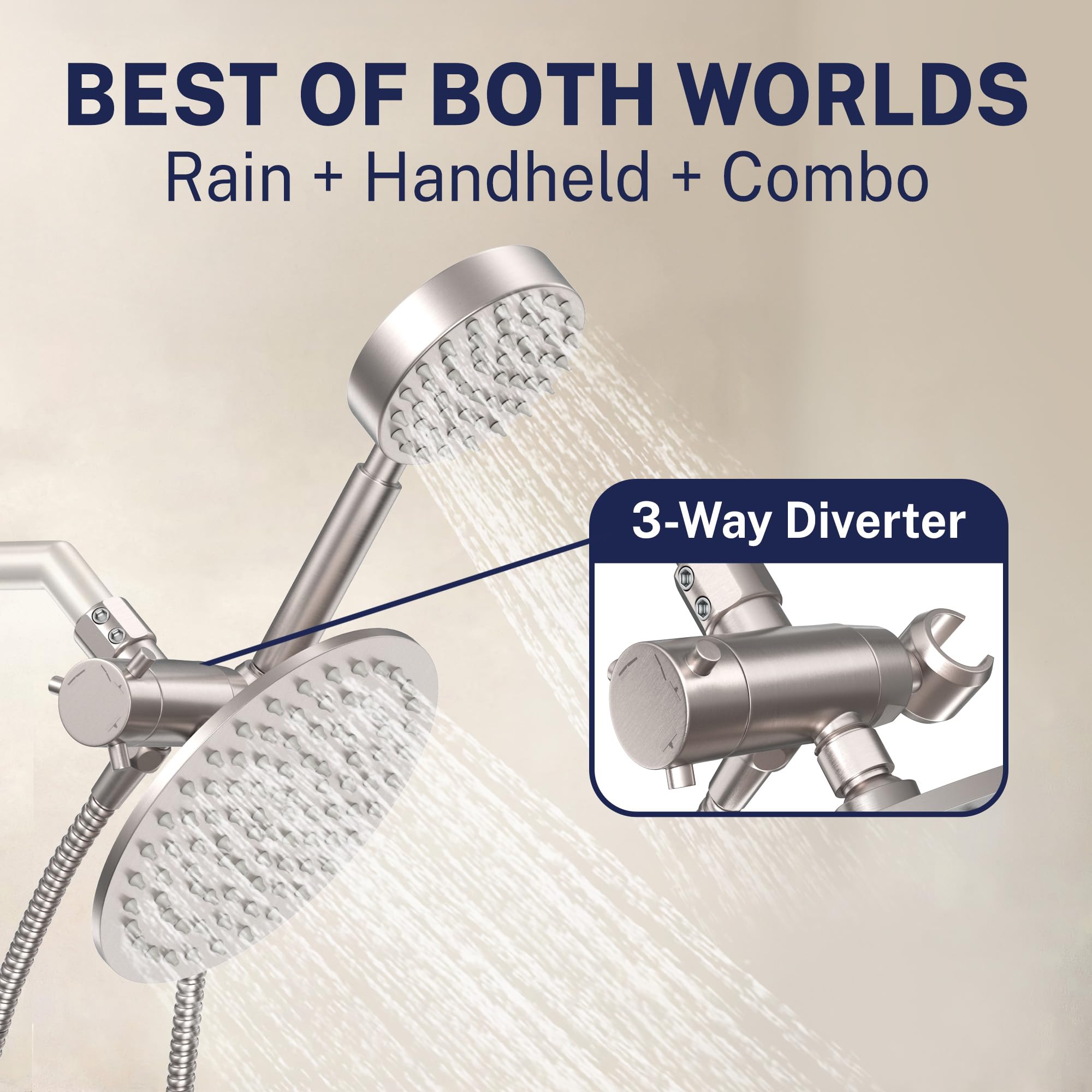 HammerHead Showers® ALL METAL Podwójna głowica prysznicowa Combo – szczotkowany nikiel – 20 cm deszczownica o wysokim przepływie i ręczna głowica prysznicowa wysokie ciśnienie z wężem 1,8 m – podwójne