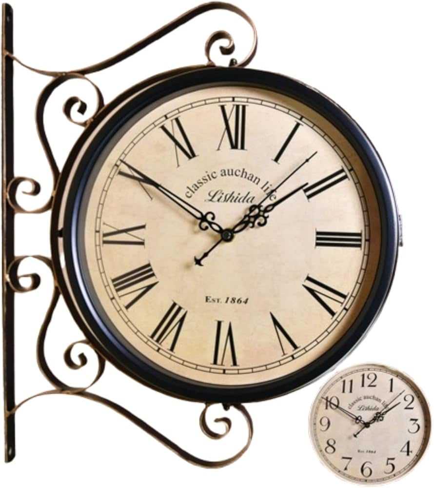 Amazon.co.jp: Yubbuio 大型壁掛け時計両面時計360°電池式レトロ駅時計