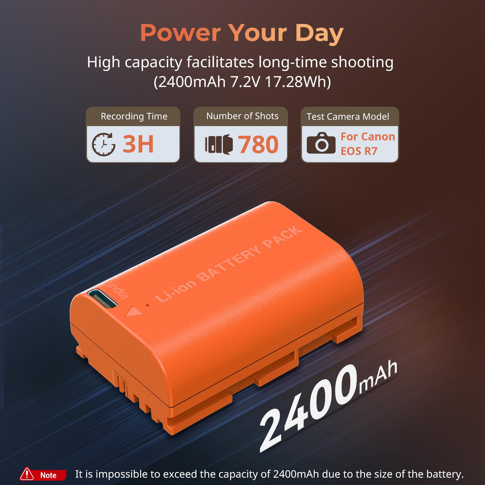 SMALLRIG Batteria 2400mAh per Canon LP-E6NH R6II/R5/R6/R7, Batteria per Fotocamera Ricaricabile con USB-C 2.5H Ricarica Rapida per Canon R, R5C, 5DIII/IV, 6D, 6DII, 7D, 60Da, 70D, 80D, Arancia - 4968