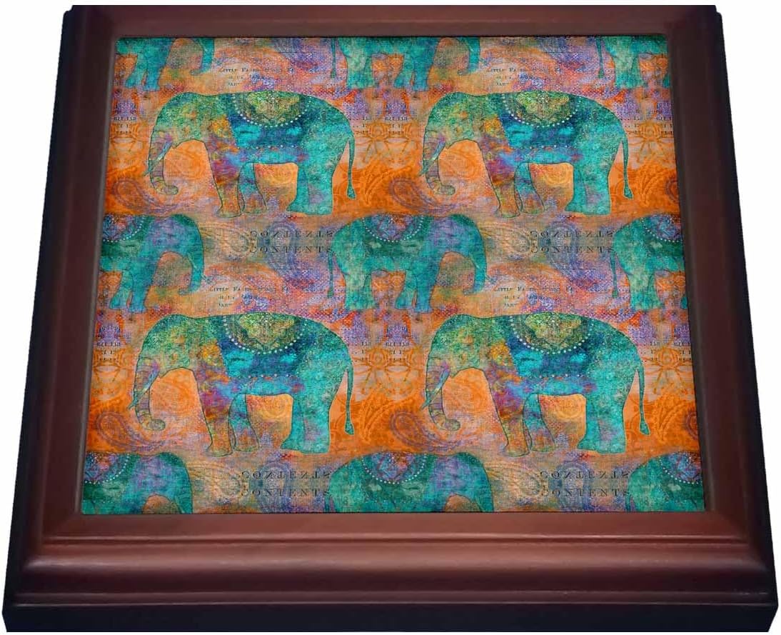 8x8 Trivet with 6x6 Ceramic Tile - Ethnic Inspired Elephant Pattern in Orange and Turquoise Animals Illustration