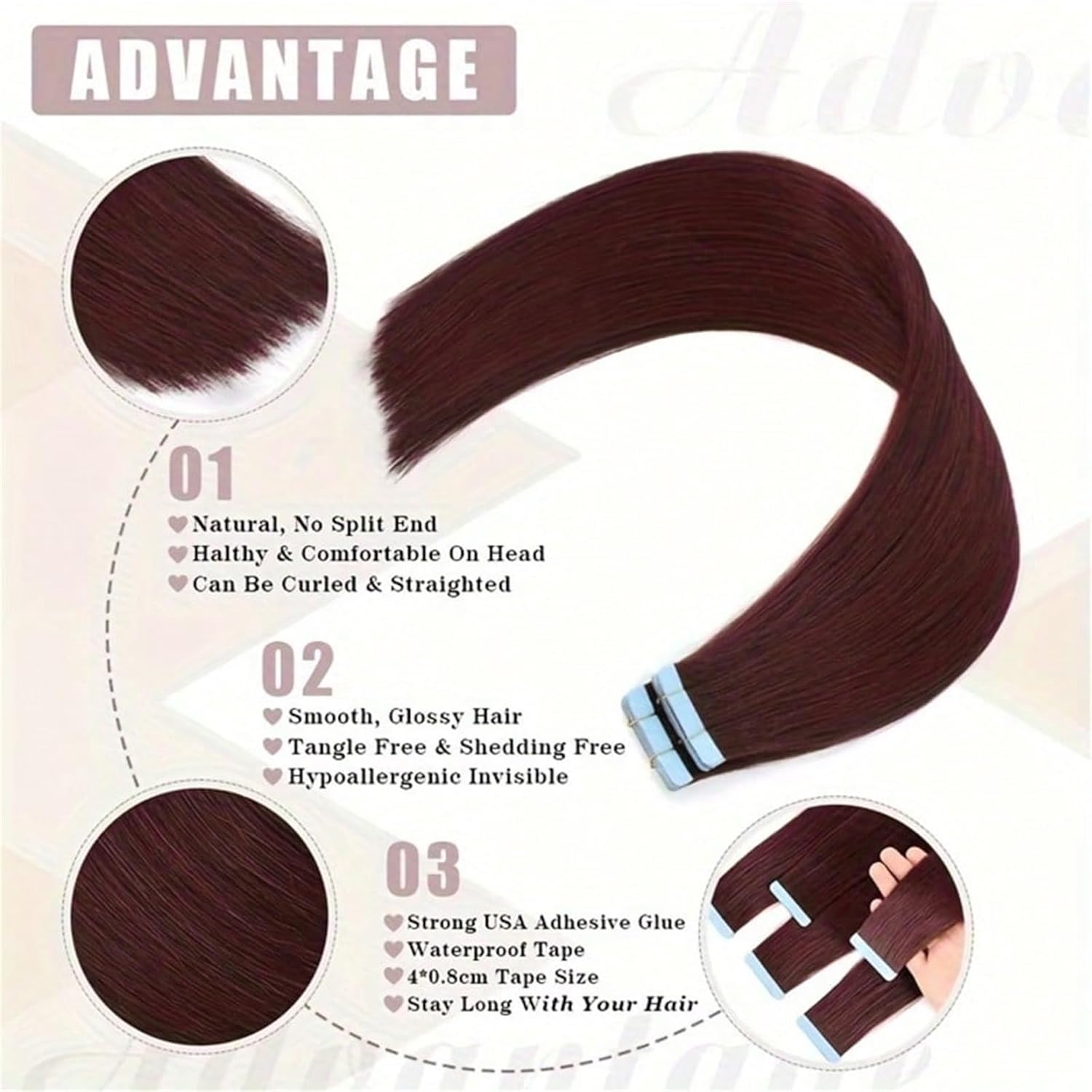 Hair Extensions 20Pcs 50g Real Human Hair Invisible Remy Hair Extensions Tape ins for Women（99J-24inch）