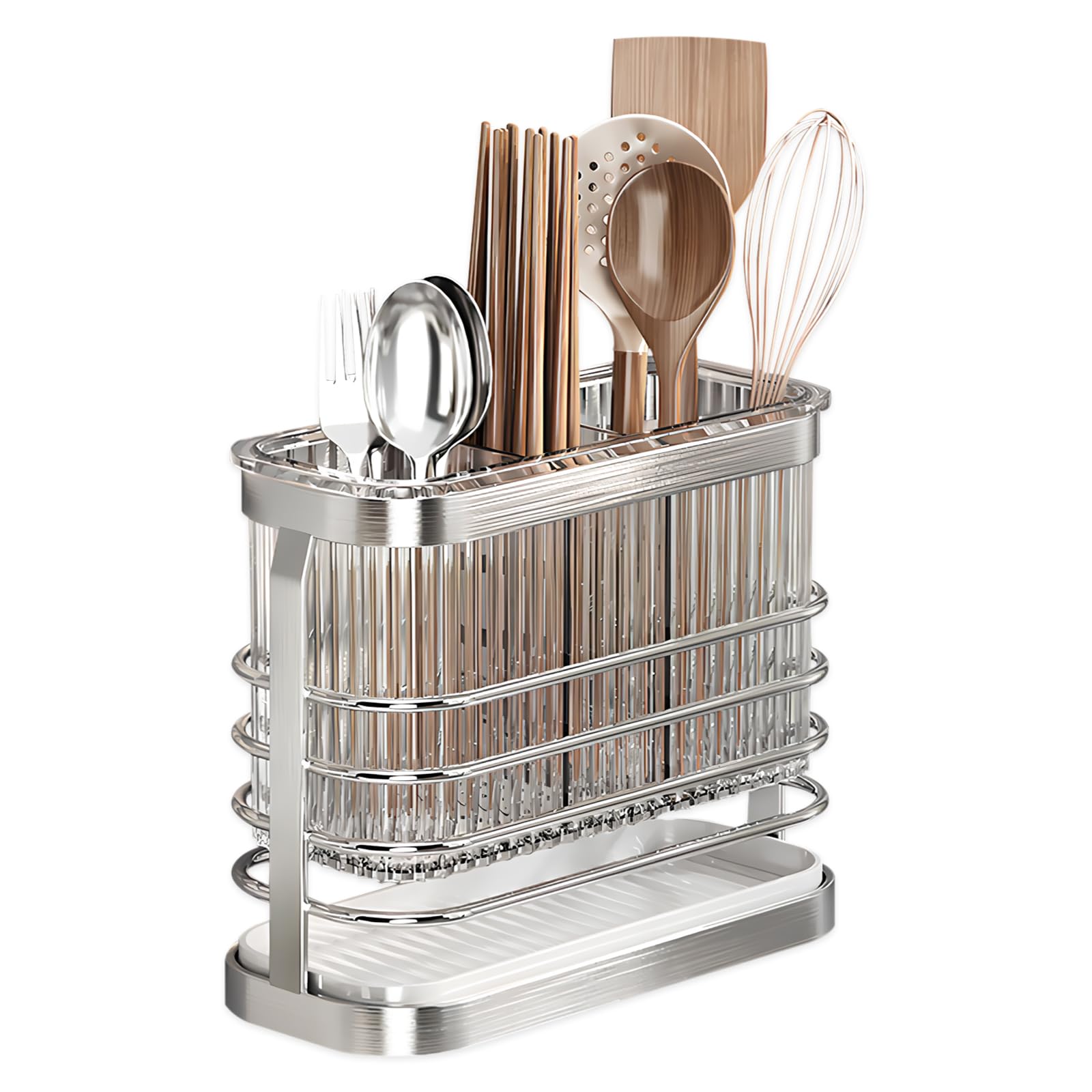 scolaposate da lavello, scola posate da cucina, Porta Mestoli da Cucina, Cestello Posate in Acciaio Inox con Scolapiatti, 3 Scomparti, Senza Fori, Fissaggio a Parete/Tavolo,Rimovibile, Argento