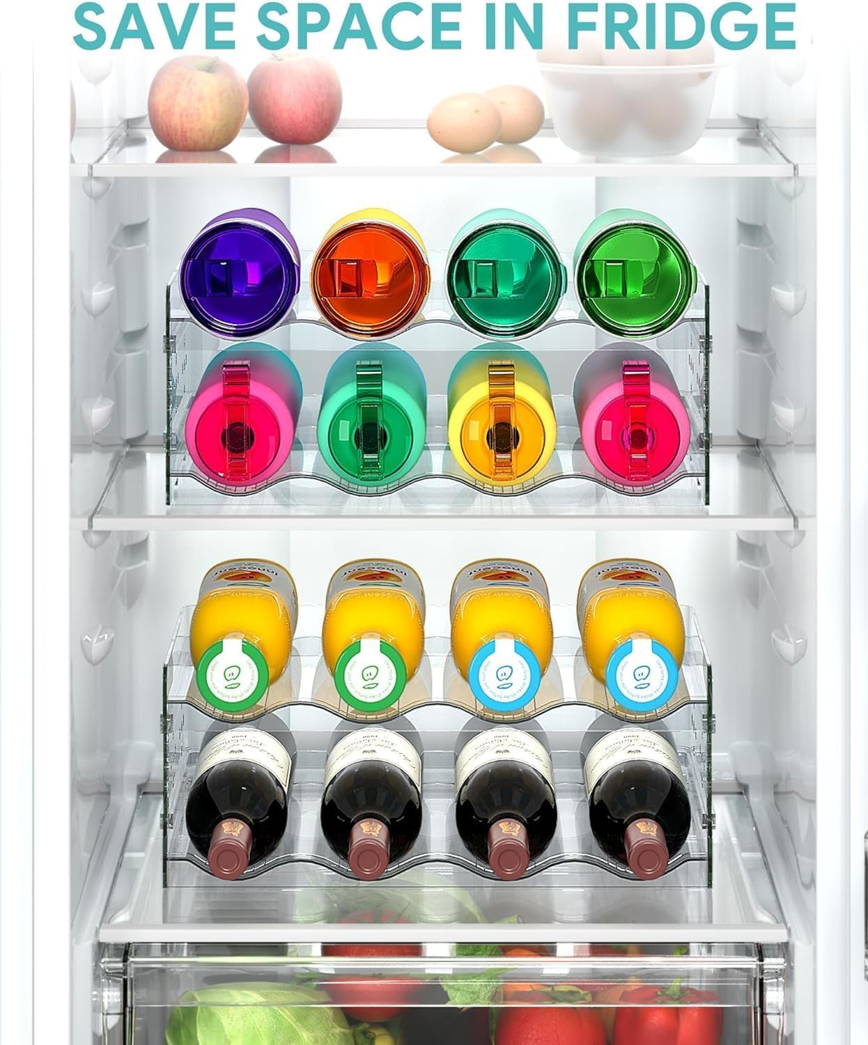Soporte apilable para botellas de vino para nevera, gabinete, despensa, juego de 2, cada estante tiene capacidad para 4 botellas, diseño de almacenamiento para encimera de cocina, ahorro de espacio