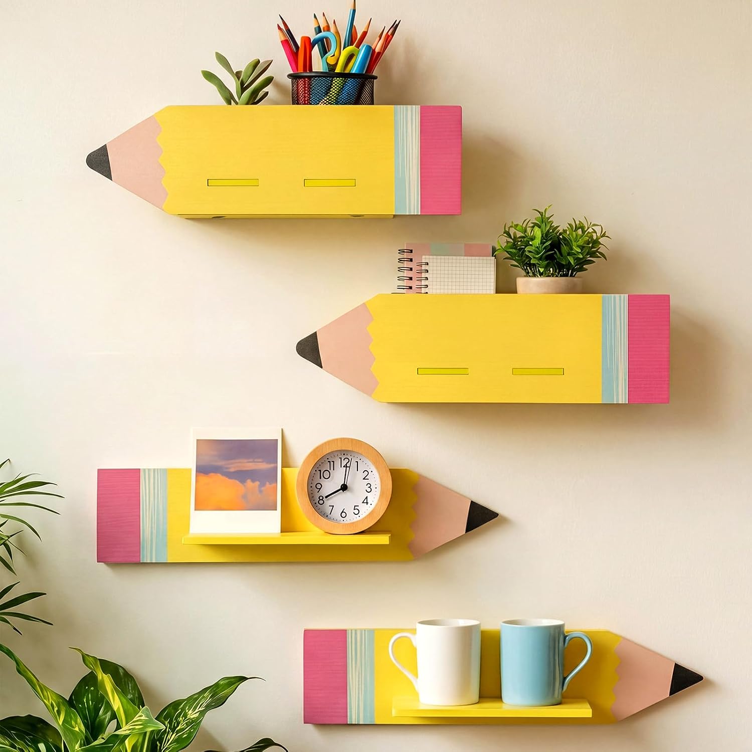 Threehoney 4 Pcs Pencil Shaped Floating Shelves for Wall Back to School Nursery Wooden Floating Book Shelf Classroom Book Corner Mounted Storage for School Bedroom Living Room 13.8, 16.5 Inch