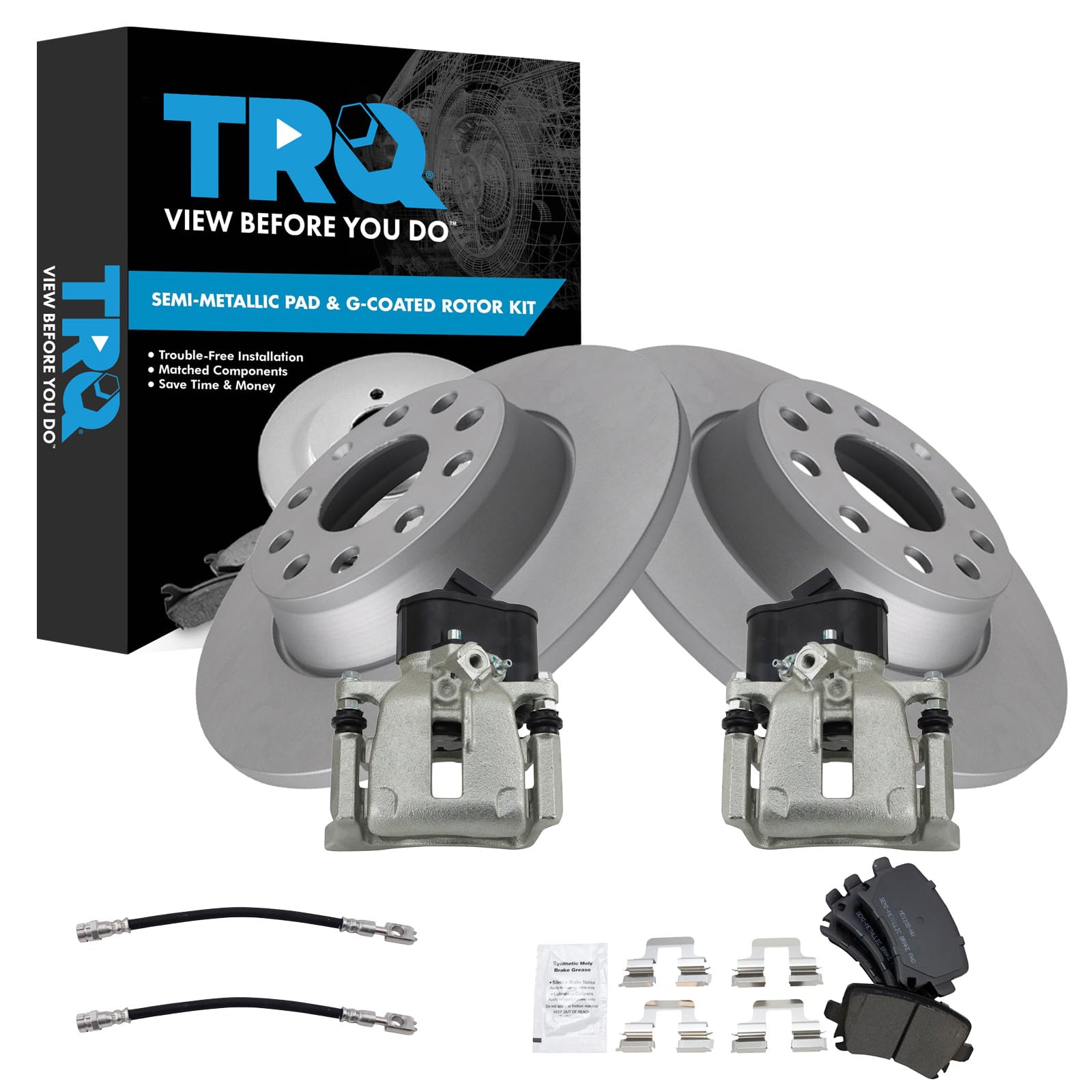 TRQ Rear Brake Pad and Rotor Set Semi Metallic Coated Rotors Calipers Compatible with 2009-2016 Volkswagen CC 2009-2017 Tiguan 2018 Tiguan Limited