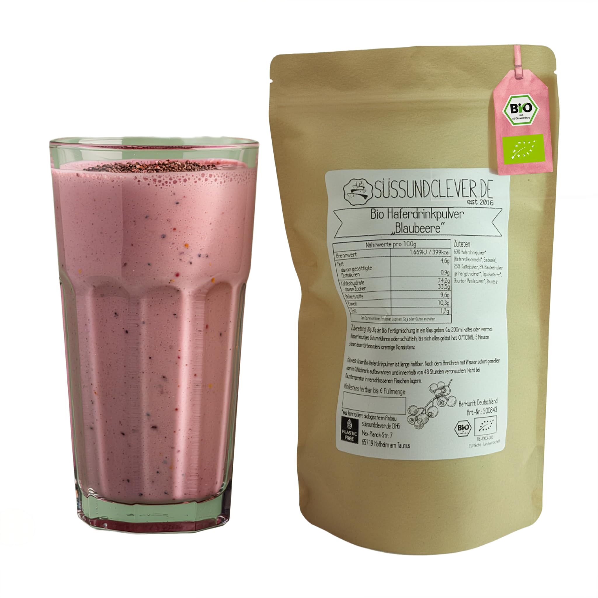 süssundclever.de® Bio Haferdrinkpulver Blaubeere | 800g | mit Dattelsüße | vegan | 8l Haferdrink Blaubeere | Ohne Zuckerzusatz oder Aromen | Vegane Blaubeermilch