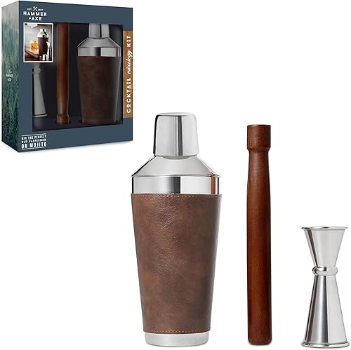 HAMMER + AXE Kit de mezclología de cóctel, juego de barman de 3 piezas de alta calidad, jigger de acero inoxidable, mezclador de madera, coctelera