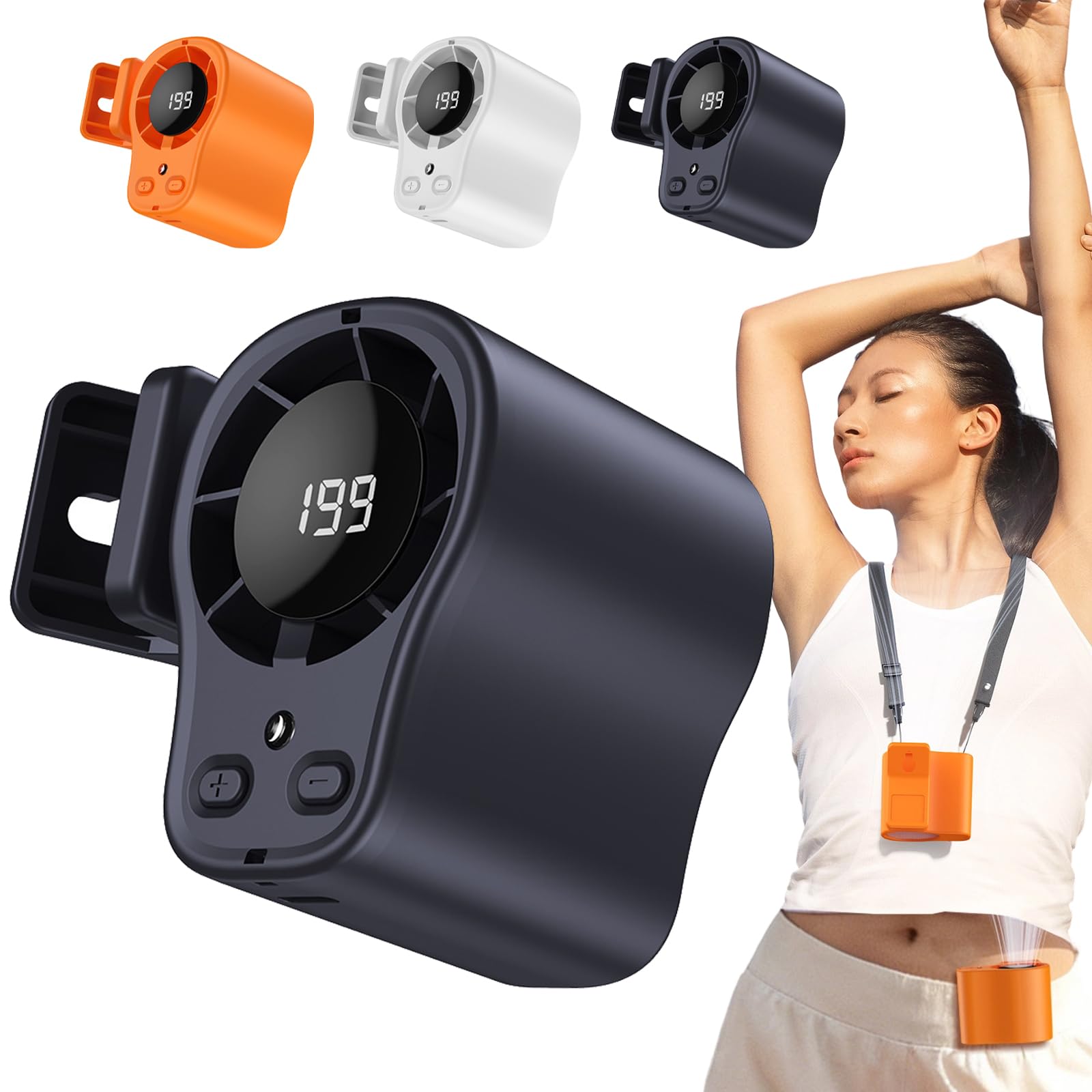 Ventilatore con clip per condizionatore d'aria da auto con display LED - Rotazione a 360°, 199 velocità e tecnologia semi-raffreddamento, ventilatore personale portatile ricaricabile tramite USB