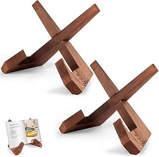 Wooden Cookbook Stand 2 Packs, X Shape Recipe Book Holder for Kitchen Counter,Fastened Wood Display Stand Rustic Style Brown with Box