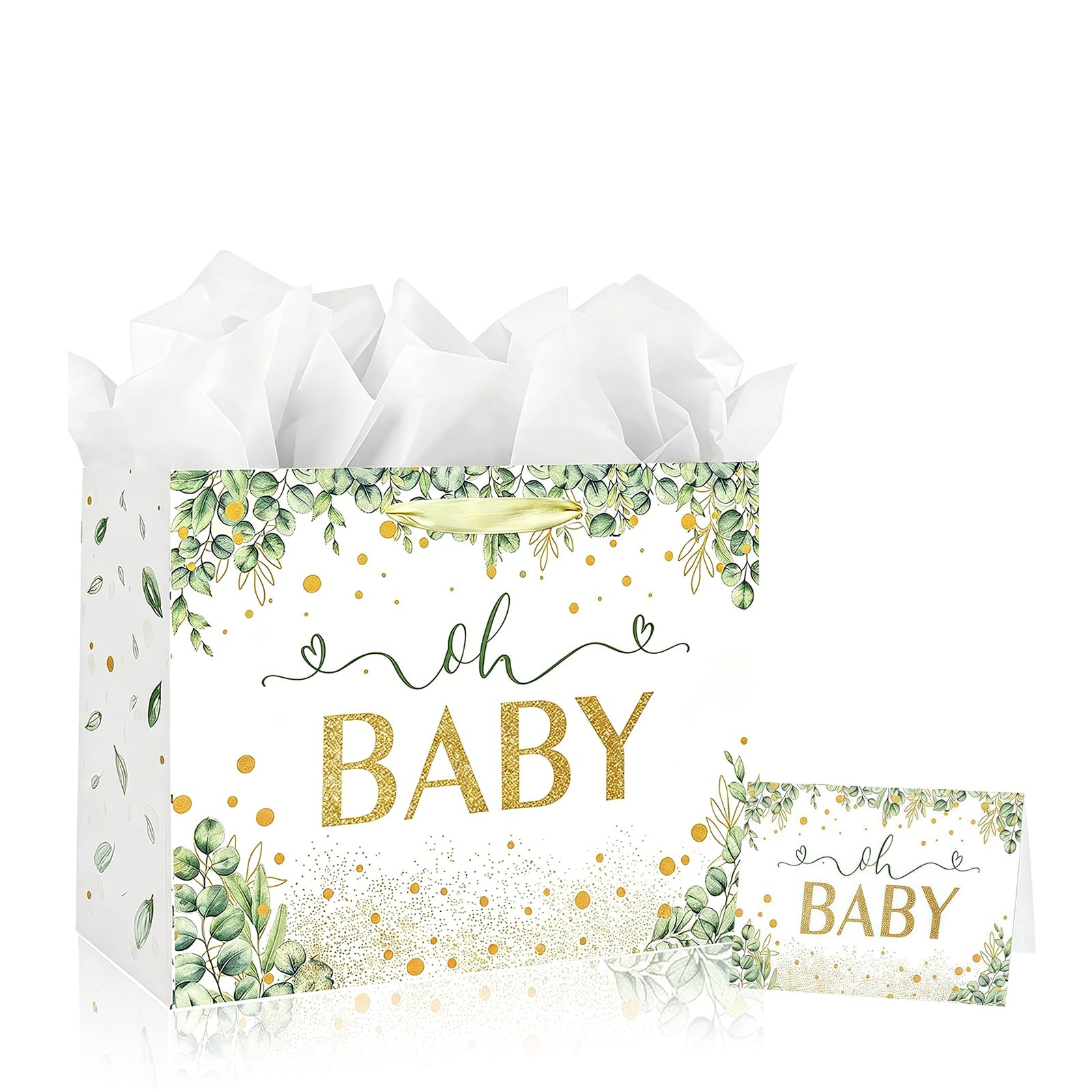 Large Birthday Gift Bag for Baby Shower Present,Sage Green Gifts Bag,33*26*12cm Eucalyptus Green Gender Reveal Jungle Party Paper Bags with Handles and 3 Wrappers 1 Card,Oh Baby Gift Bags for Girl Boy