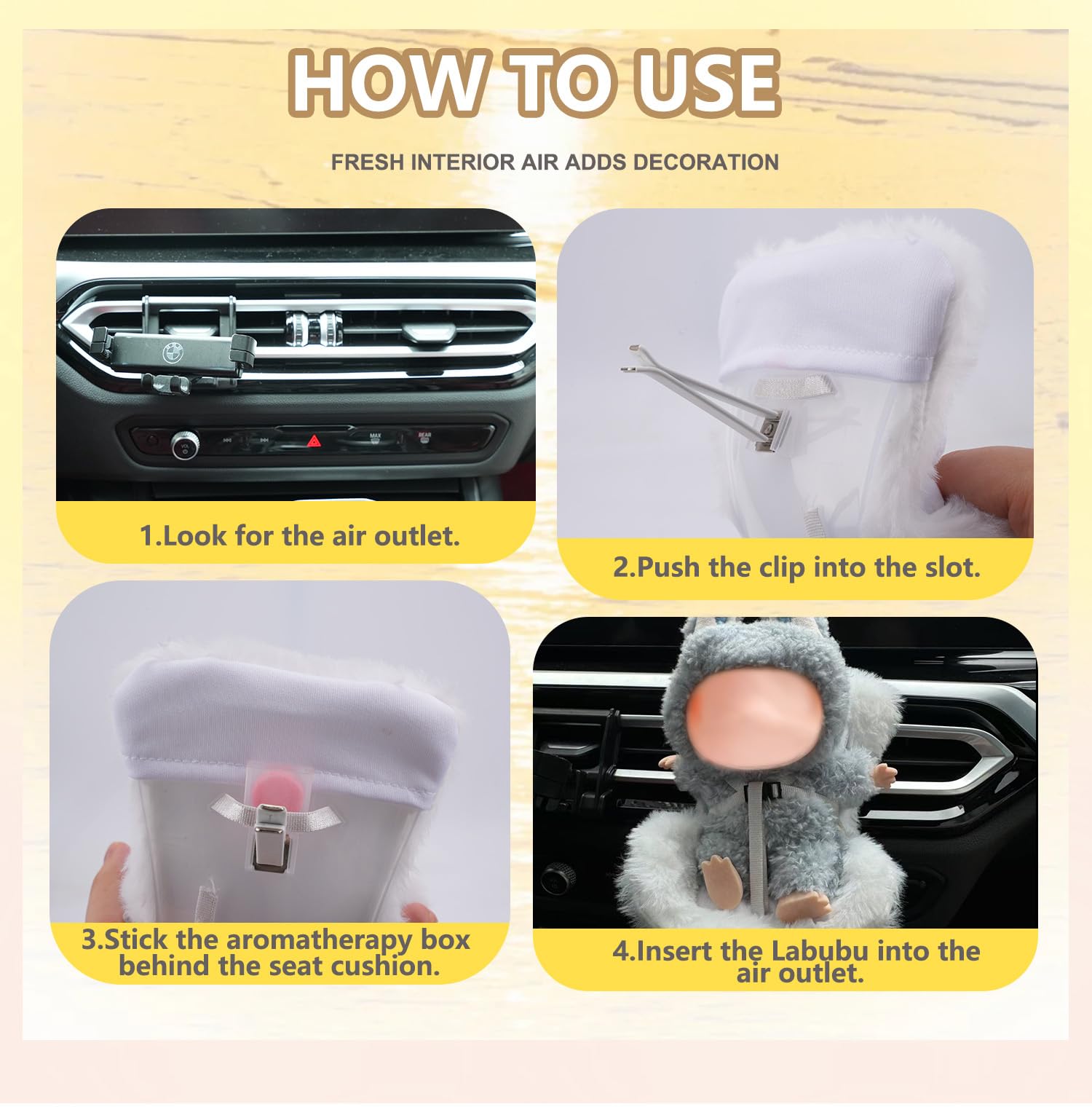 Asiento de automóvil para asiento de automóvil Labubu, clip de ventilación para sofá Labubu, cojín suave y peludo blanco con pata de asiento para pantalla de escritorio Labubu, decoración de automóvil