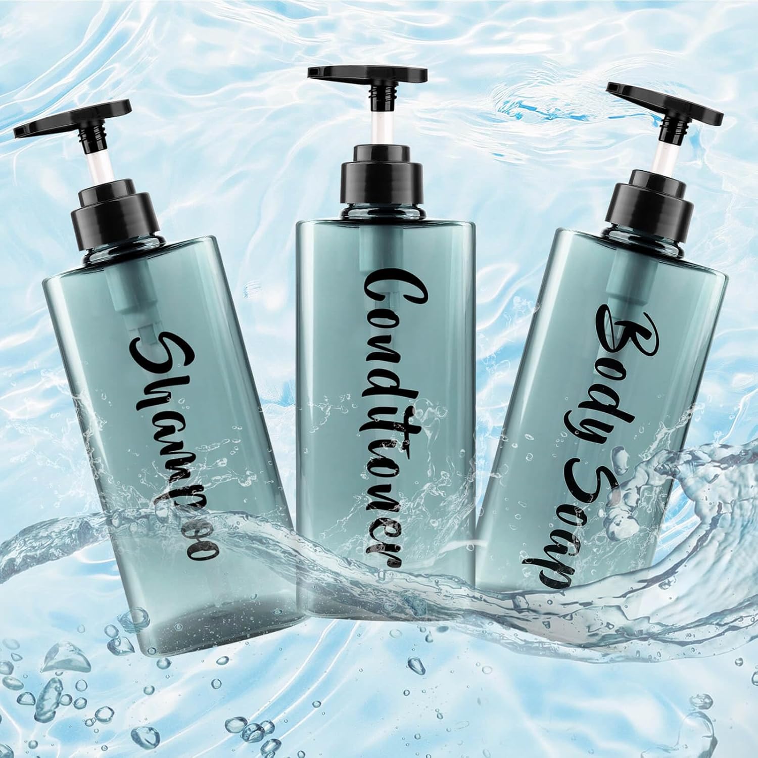 16.9oz Shampoo Dispenser for Shower (3 Pack) - Refillable Shampoo and Conditioner Bottles with Pump, Empty Clear Blue Plastic Body Wash Container Set, Printed Shower Soap Dispensers for Bathroom - Image 7
