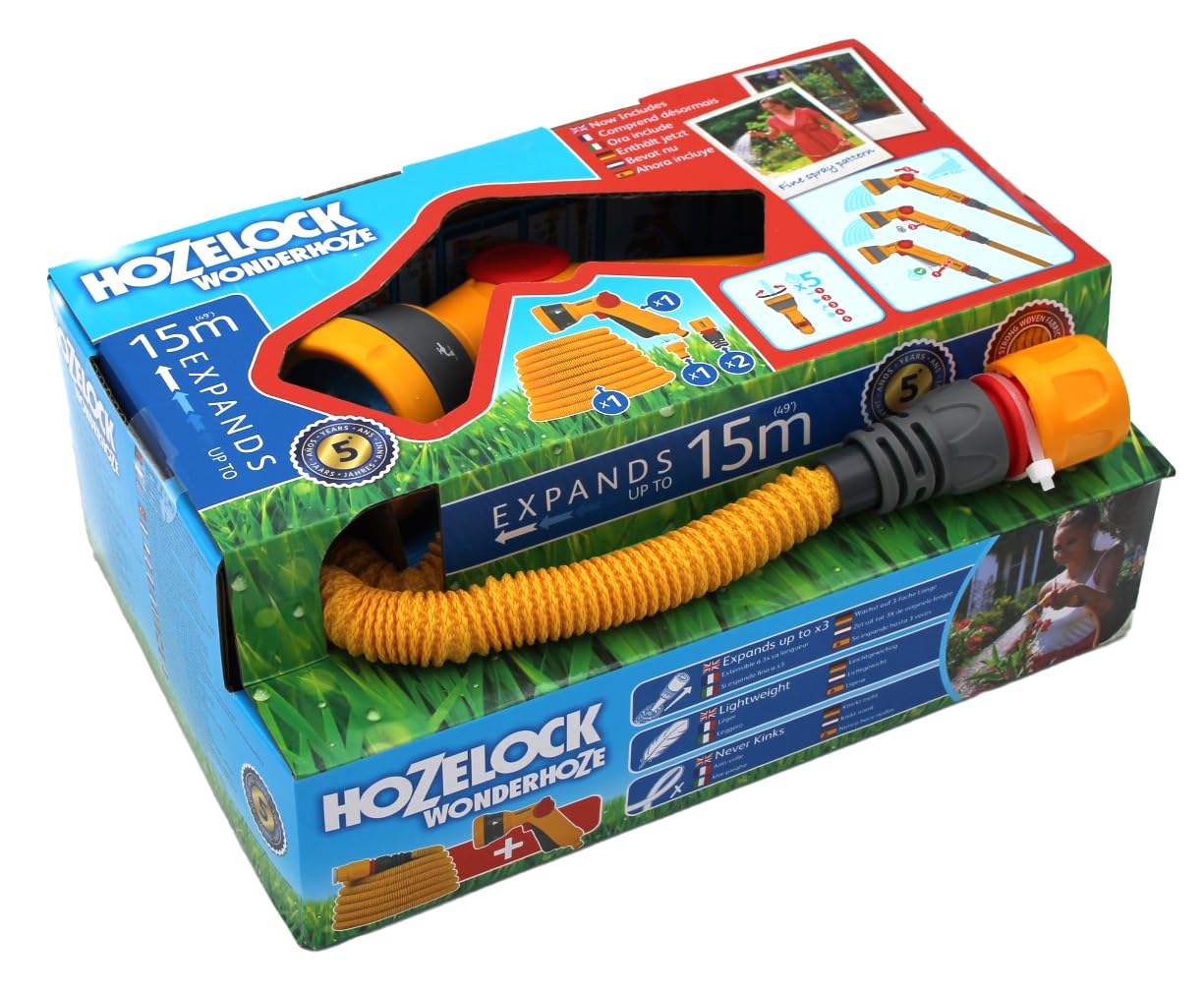 HOZELOCK - Wonderhoze Expanding Hose 15m : Flexible Hose, Stretches up to 3x Original Length | With 2 Aquastop Fittings and Multispray Gun: Ready to Use