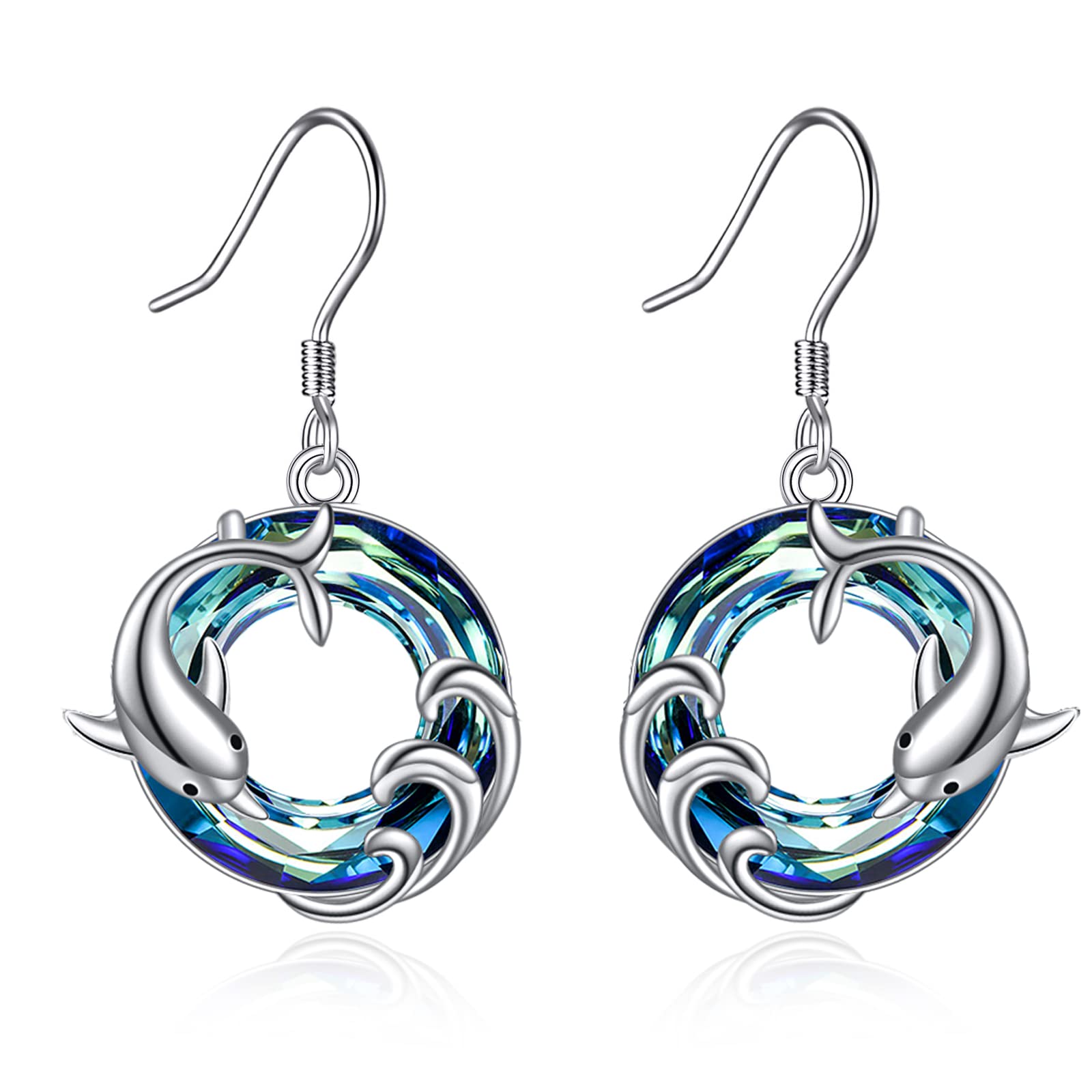 ONEFINITY Dolphin Earrings for Women Sterling Silver Crystal Dolphin Dangle Drop Earrings Mother and Daughter Ocean Jewelry for Mom Girls