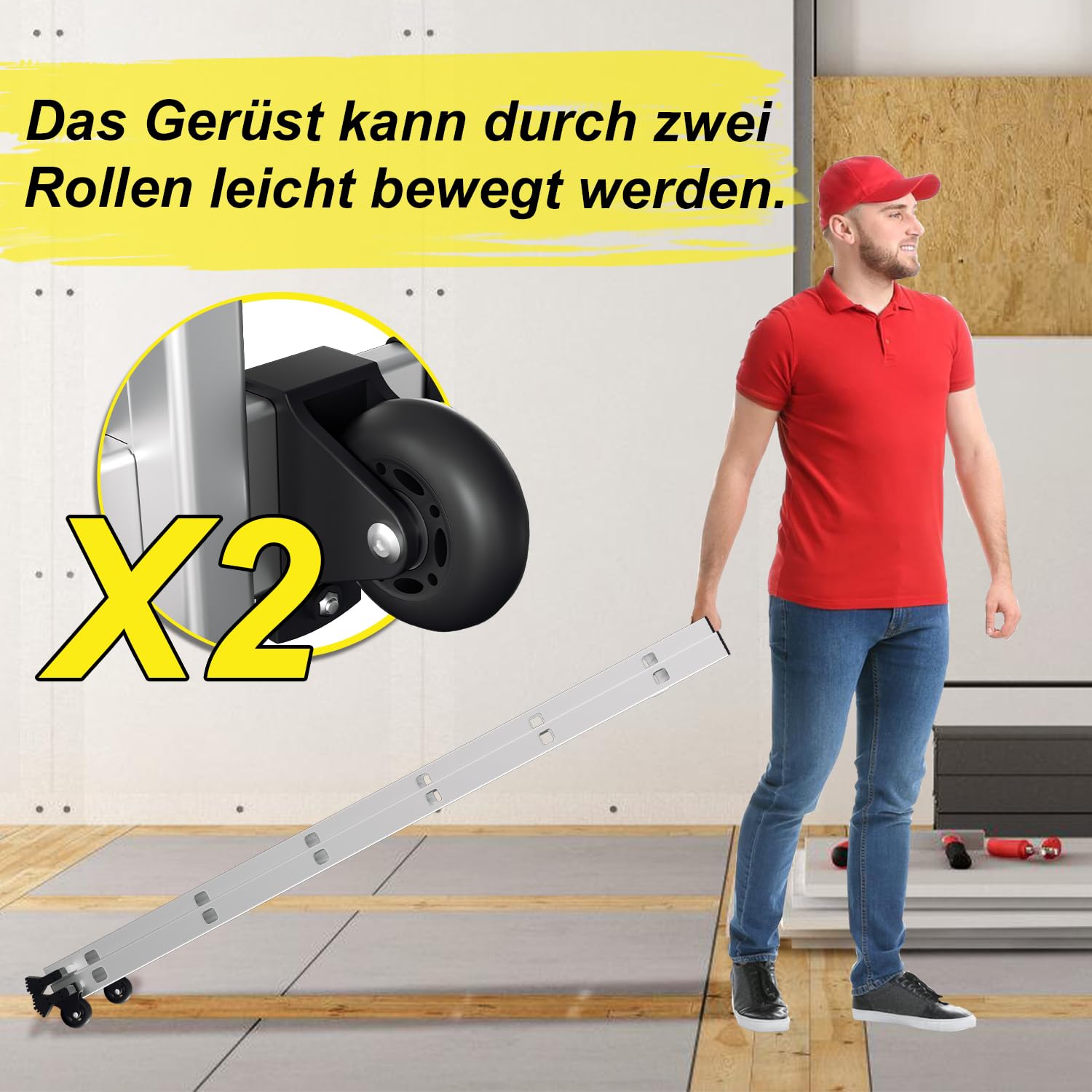 Fiqops Rusztowanie, aluminiowe rusztowanie 4 w 1, maks. 276 cm, obciążenie do 150 kg, uniwersalne rusztowanie budowlane, mobilna platforma robocza i 2 rolki, drabina rusztowań, rusztowanie na kółkach,