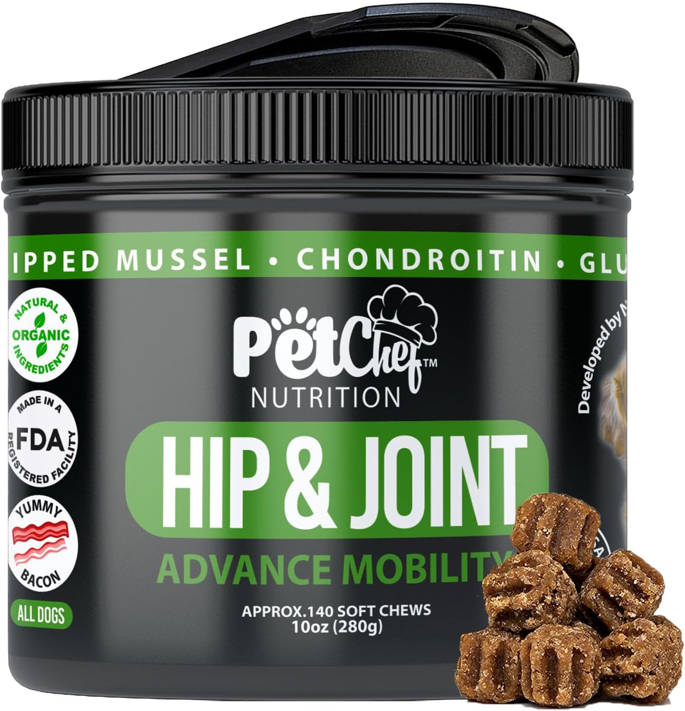 Pet Chef Hip & Joint Supplement for Dogs 140 Soft Chews with Glucosamine, Chondroitin, MSM & Turmeric Natural Joint Support for Mobility, Flexibility & Aging Dogs