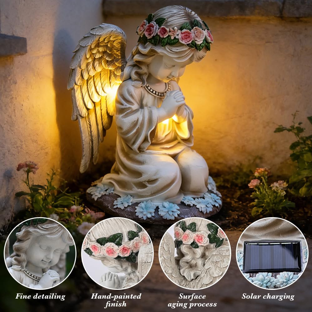 Statue da Giardino a Forma di Angelo Custode, Solare Statue Angeli Figure da Giardino con Angeli Solari con Luci a LED Resistente alle Intemperie Decorazione da Giardino a Forma di Angelo per Esterno