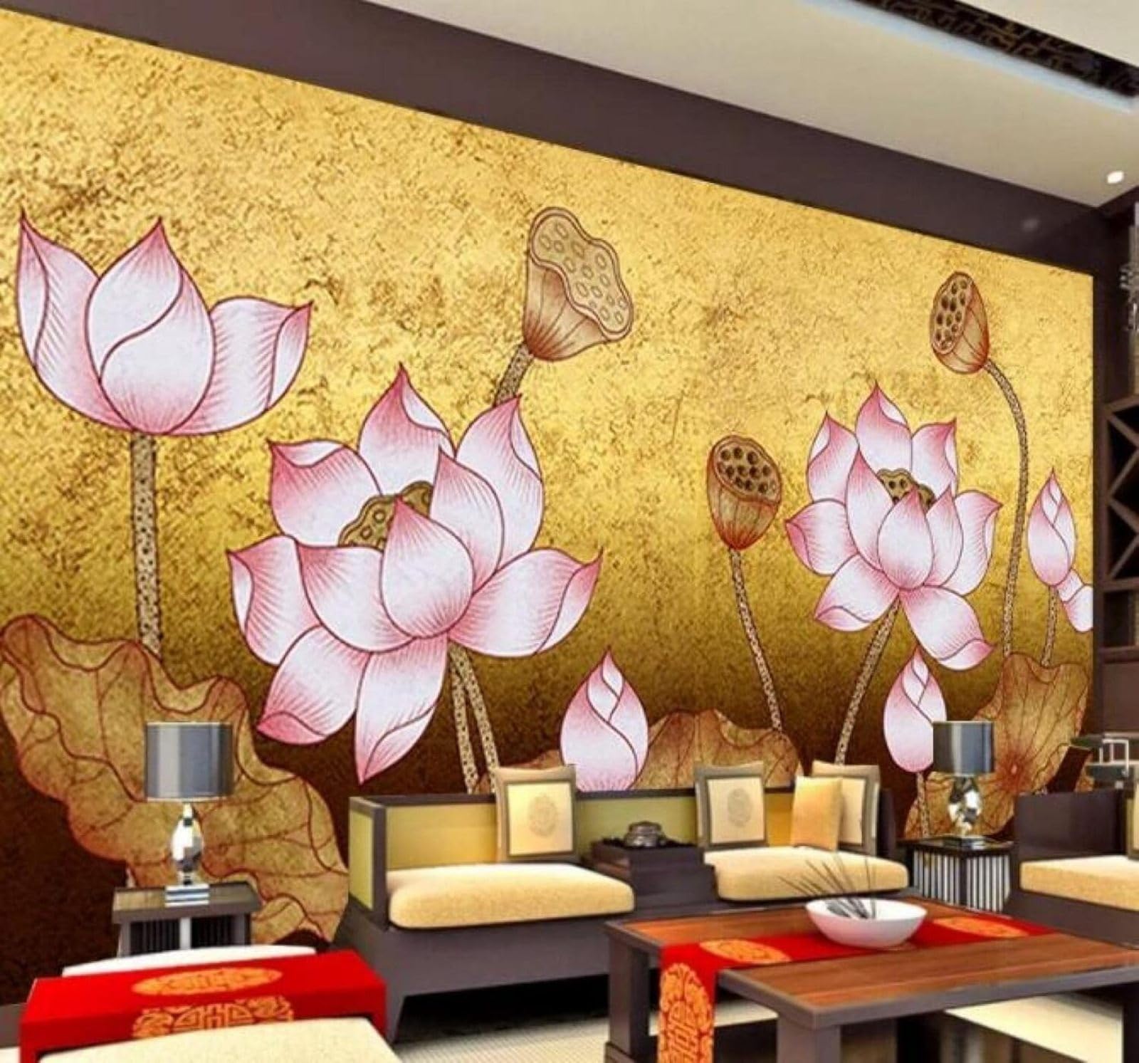 Xlming 250Cm×170Cm(B×H) Vintage Gold Leaf Lotus Lotus Leaves Zen 3D Wallpaper Luxury Home Dining Decor Paste Sofa Living Room The Wall For Bedroom Mural-250Cm×170Cm