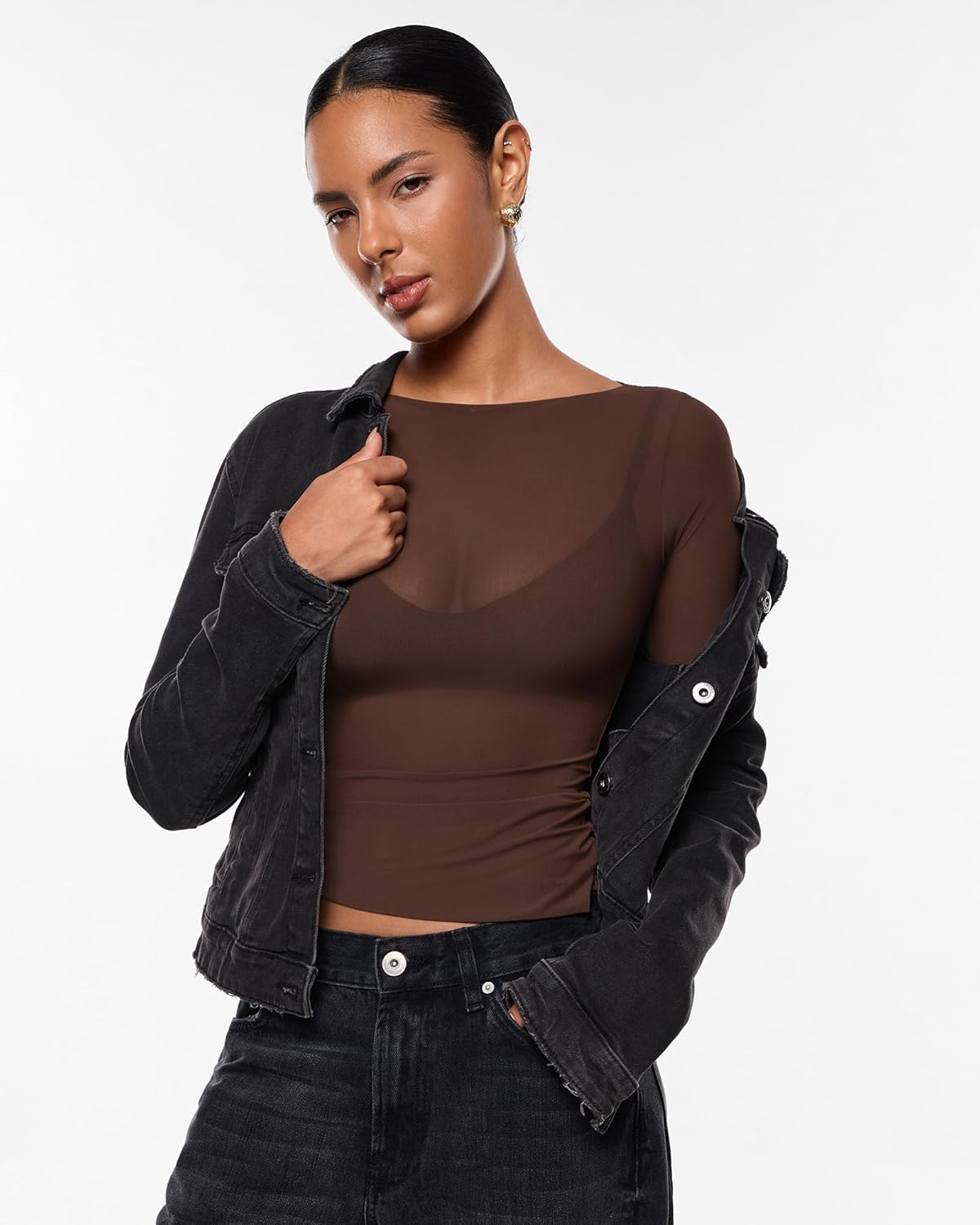 INLYRIC Women's Cosnufy Mesh Sheer Long Sleeve Tops See Through Boat Neck Going Out Tops Trendy Sexy Shirts - Image 2