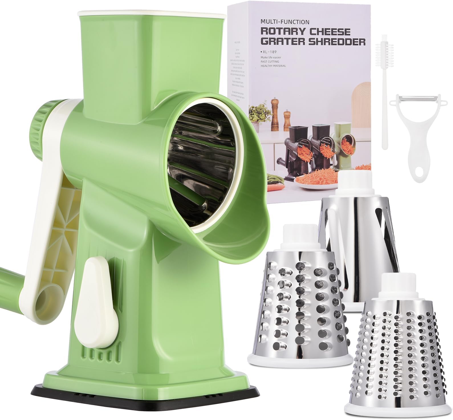 Rotary Cheese Grater with Handle Kitchen Shredder Slicer Grater Slicer Ice Shaver Cheese Vegetable Nuts Potato Zucchini Chocolate 3 Interchangeable Blades (Green)
