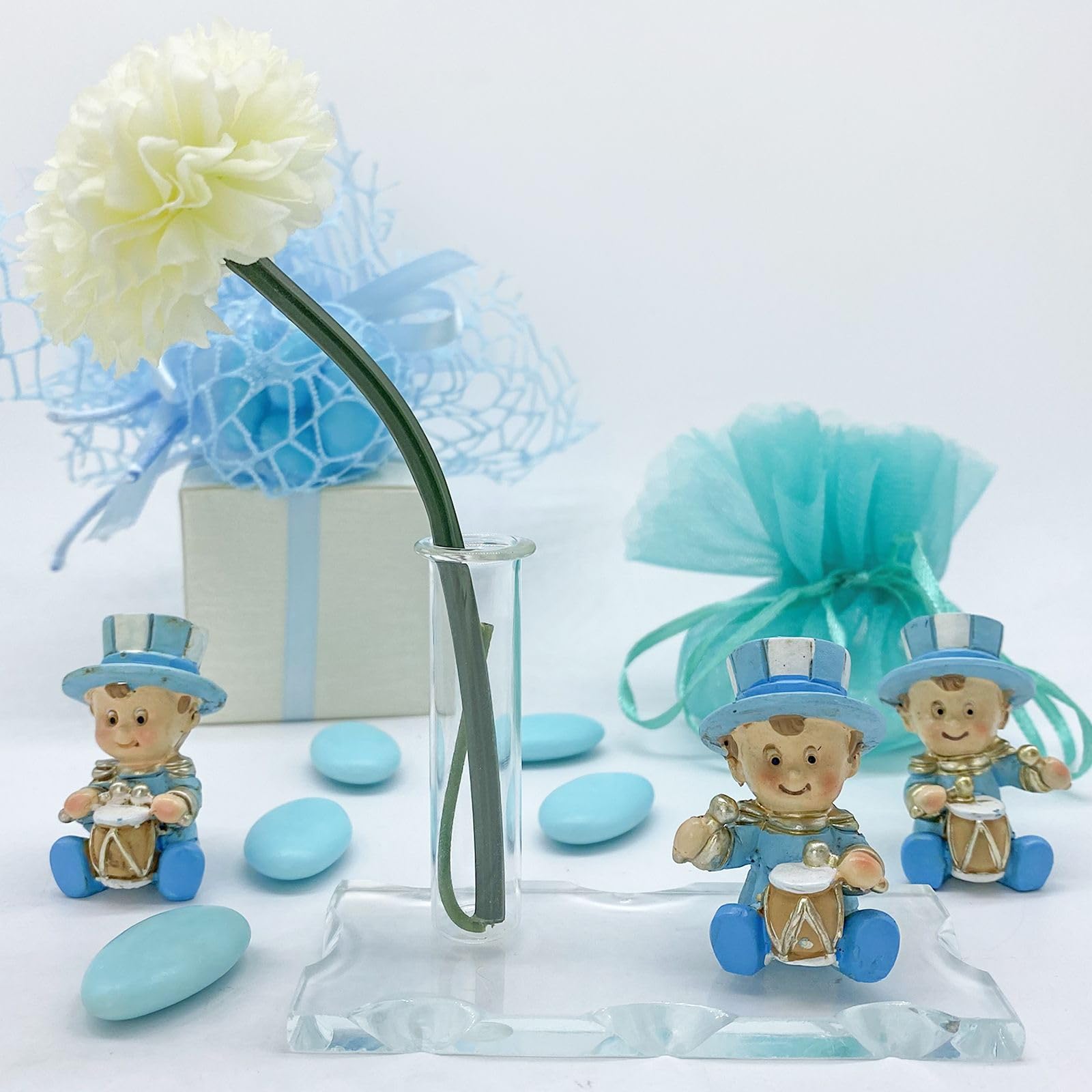 Doni Bomboniere base in vetro con fiala e bacchette, bomboniera, profumatore ambiente con statuina Jolly con tamburello di colore celeste, utile per feste compleanno bimbo (10 pezzi - Senza Incisione)