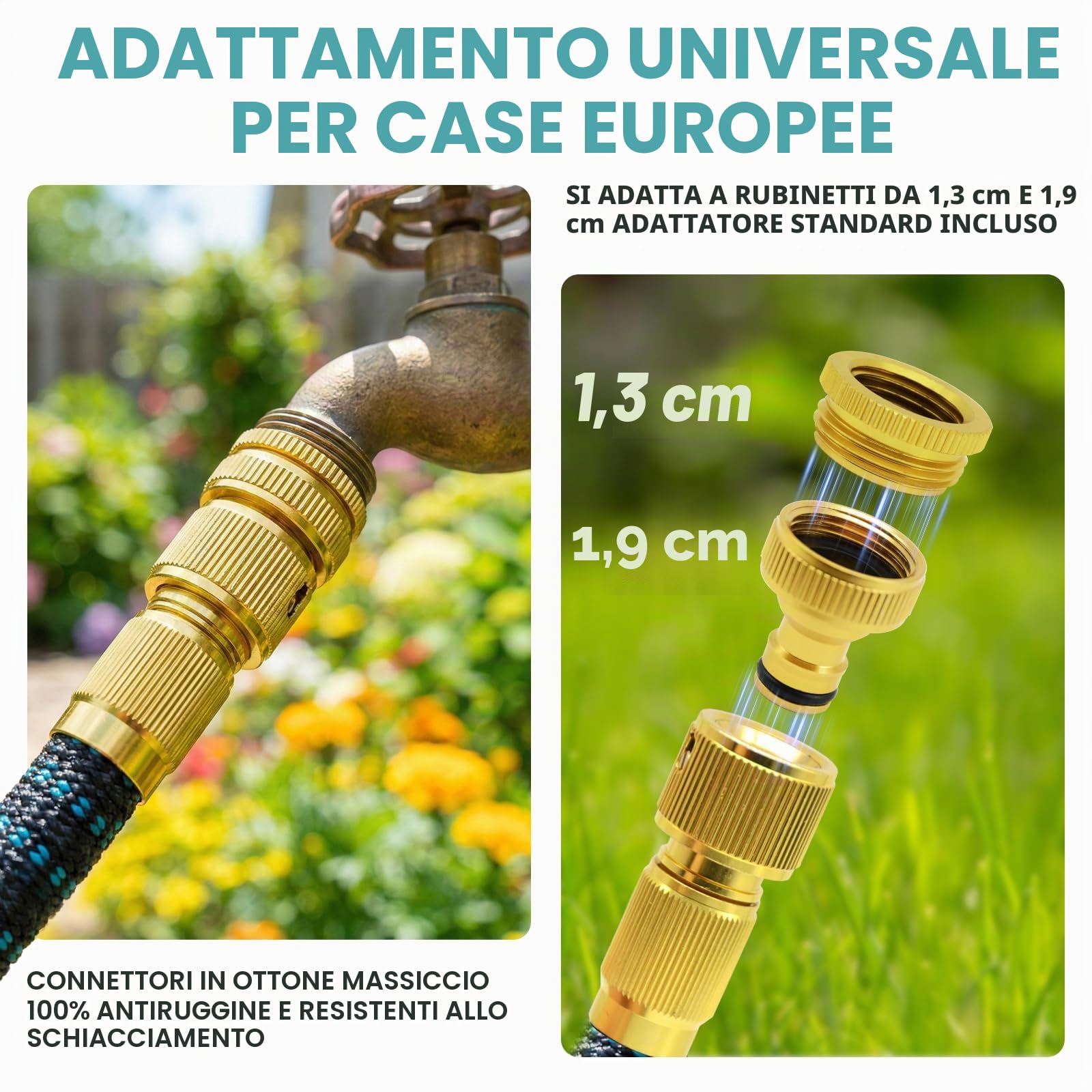 Tubo Estensibile da Giardino 30m/100ft, Tubo Acqua con Raccordi in Ottone da 1/2" e 3/4'', Canna con 10 Modalità Spruzzo per Irrigazione e Lavaggio