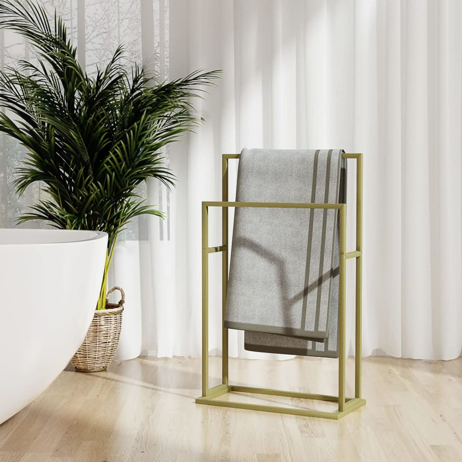 Homgoday Toallero independiente dorado de 48 x 24 x 78,5 cm de hierro, organizador de estante de baño, estante de almacenamiento de ducha, soporte para champú de baño, accesorios de baño, hogar y