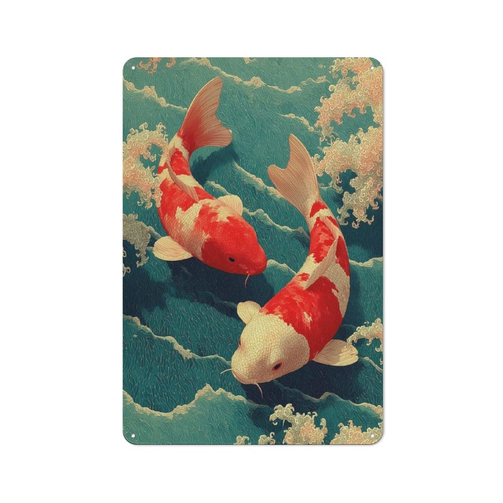 Junmoney Two Koi Fish In Water Painting Rustic Metal Sign 30X20cm For Café Or Restaurant, Suited To Café Owners And Decorators