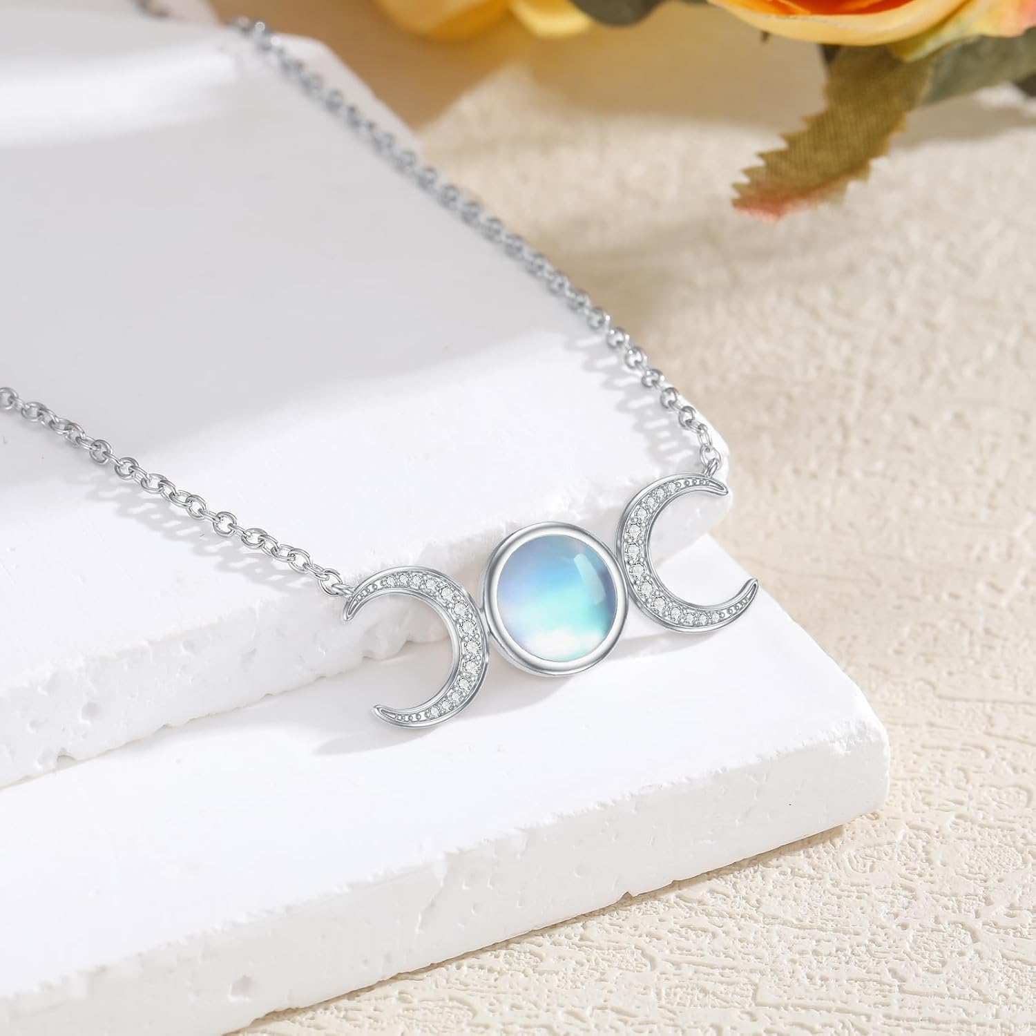 Triple Moon Goddess Necklace for Women 925 Sterling Silver Moonstone Crescent Amulet Wiccan Pendant Celestial Jewelry Gifts for Mom Wife - Image 3