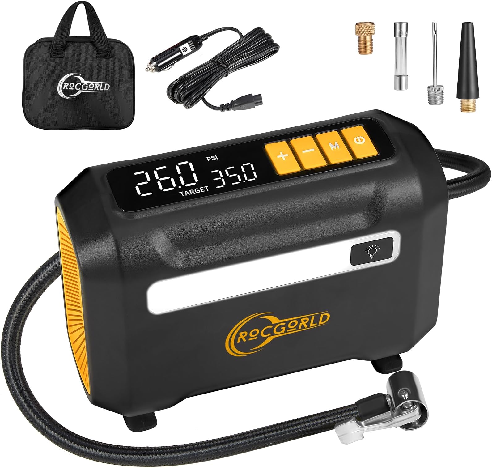 - ROCGORLD R8 Tire Inflator Portable Air Compressor, DC 12V Portable Air Compressor with Large Dual Digital Screen, 3X Faster Inflation Portable Air Pump for Car Tires, Bike, Motor - Car Accessories